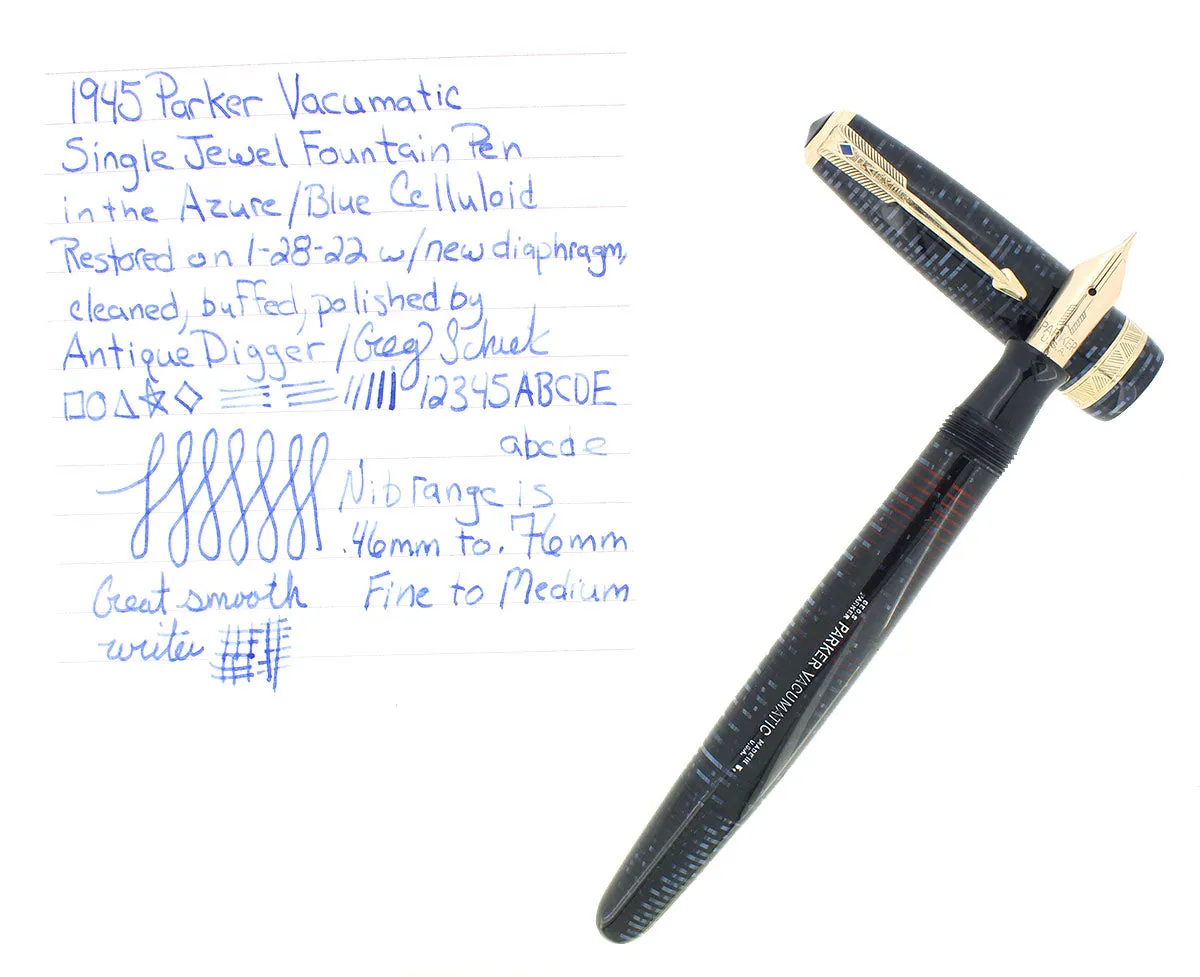 1945 PARKER VACUMATIC MAJOR AZURE BLUE PEARL FOUNTAIN PEN RESTORED