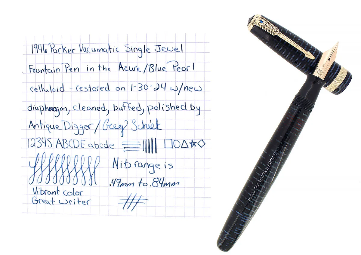 1946 PARKER VACUMATIC MAJOR AZURE BLUE PEARL FOUNTAIN PEN RESTORED