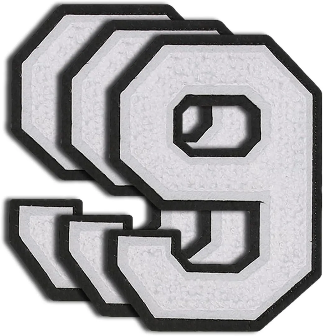3Pcs White Chenille Iron on Numbers Patches, Large Size 4.5" Varsity Numbers Patches for Team Uniform Sports T Shirt Jeans Backpacks - 9