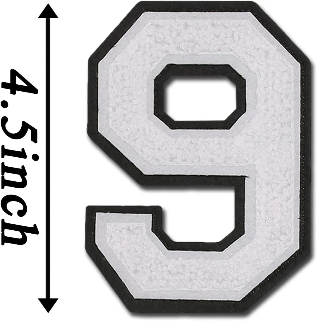 3Pcs White Chenille Iron on Numbers Patches, Large Size 4.5" Varsity Numbers Patches for Team Uniform Sports T Shirt Jeans Backpacks - 9