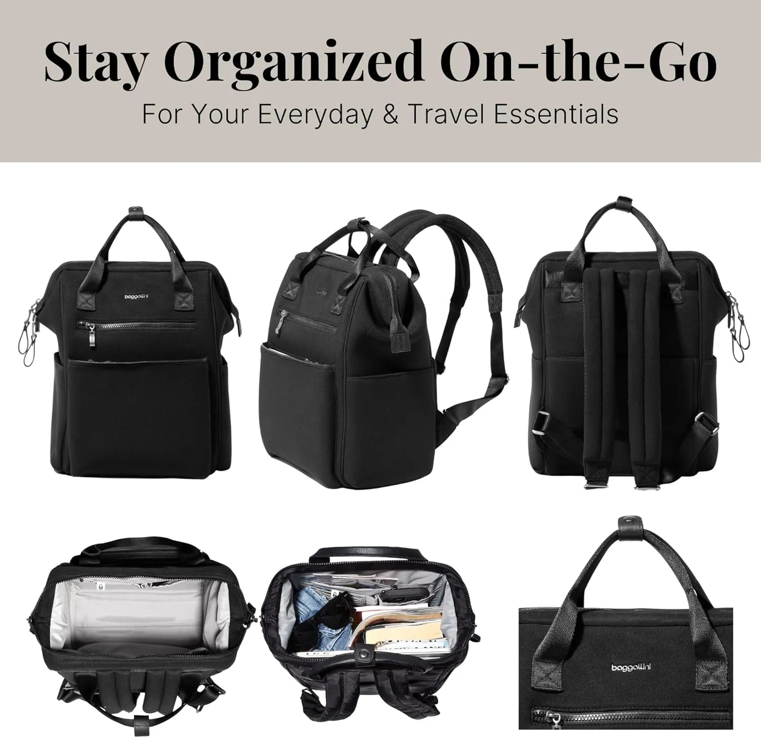 Baggallini Soho Backpack - Travel Laptop Backpack for Women - Lightweight Water-Resistant Luggage Bag, Black Neoprene
