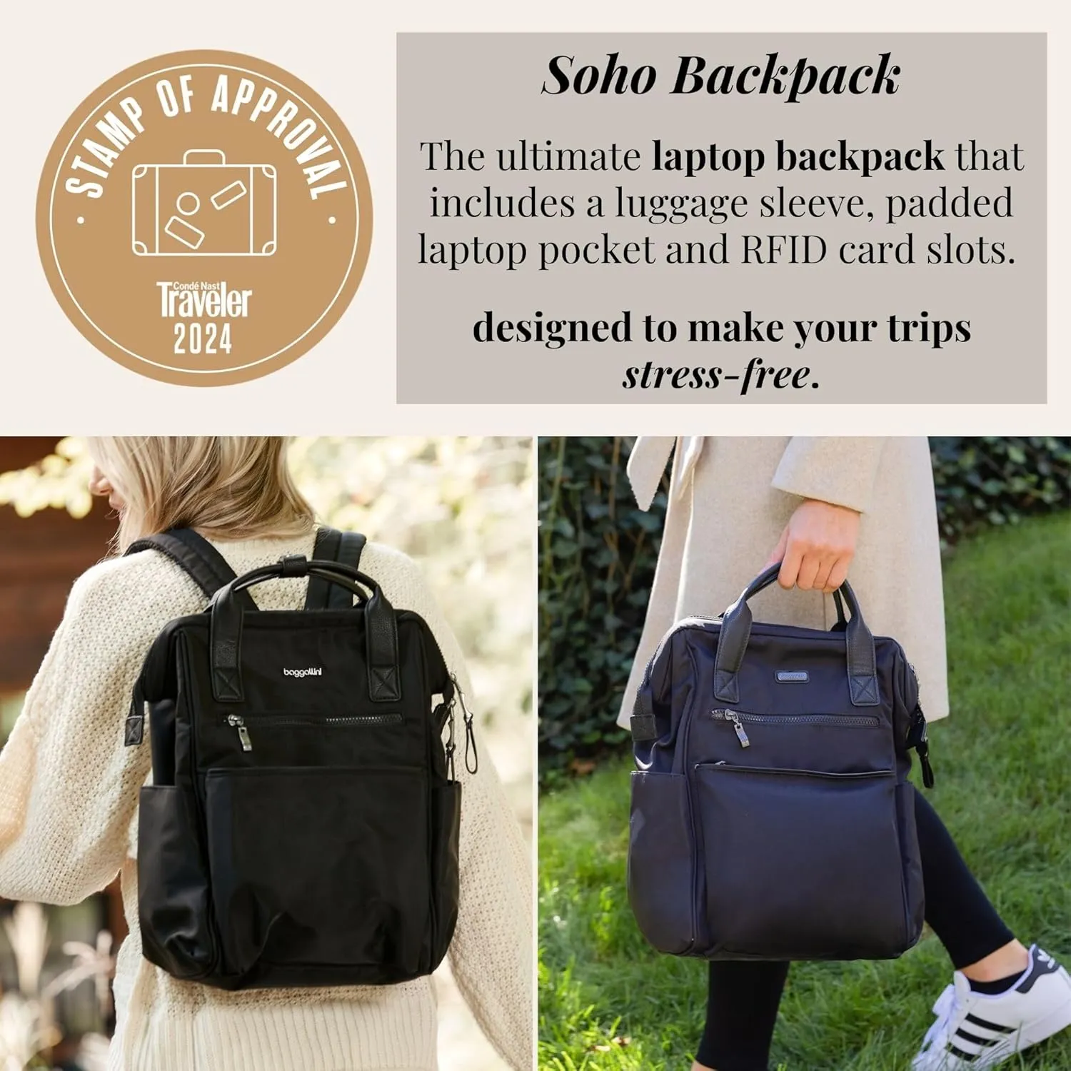 Baggallini Soho Backpack - Travel Laptop Backpack for Women - Lightweight Water-Resistant Luggage Bag, Black Neoprene