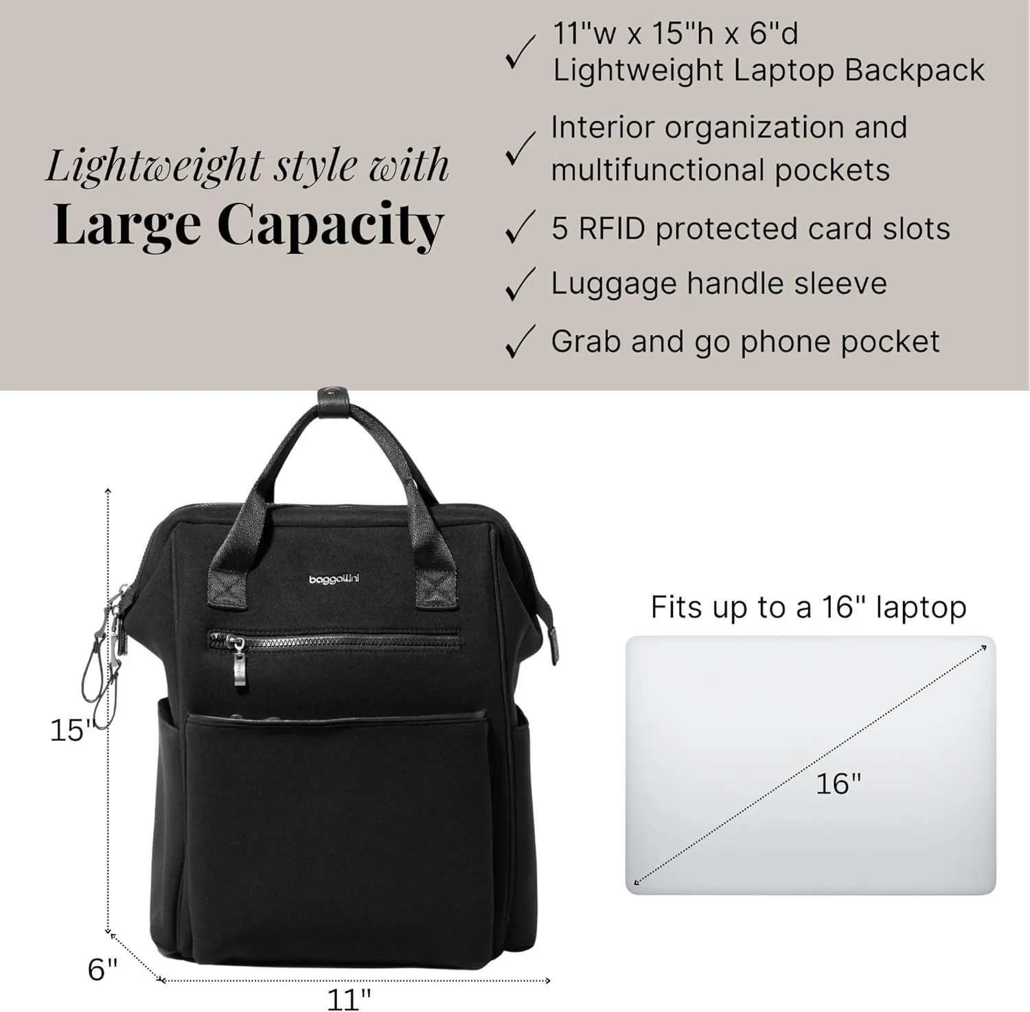 Baggallini Soho Backpack - Travel Laptop Backpack for Women - Lightweight Water-Resistant Luggage Bag, Black Neoprene