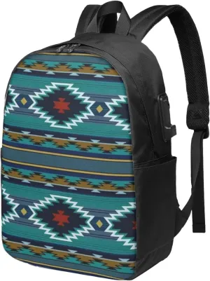 Blue Aztec Print Usb Travel Laptop Backpack  Durable Polyester Backbag With Charging Port & Headphone Jack