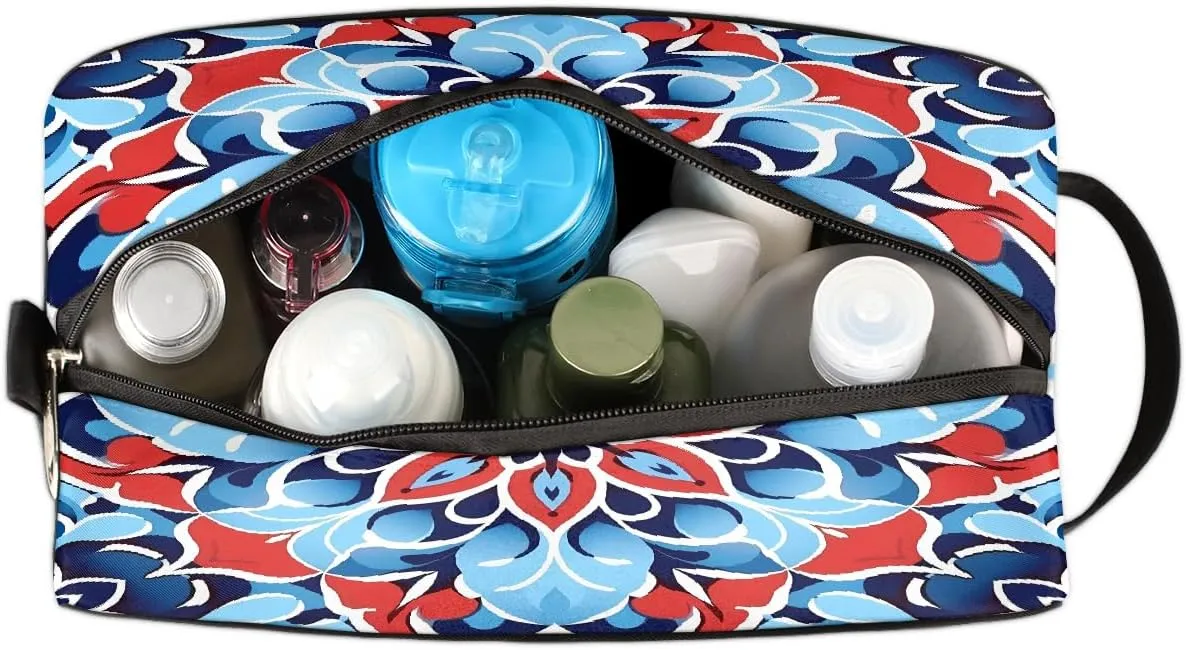 Blue Red Mandala Flower Makeup Bag, Large Capacity Cosmetic Bags, Portable Travel Toiletry Bag Makeup Organizer Bag with Handle for Women Men