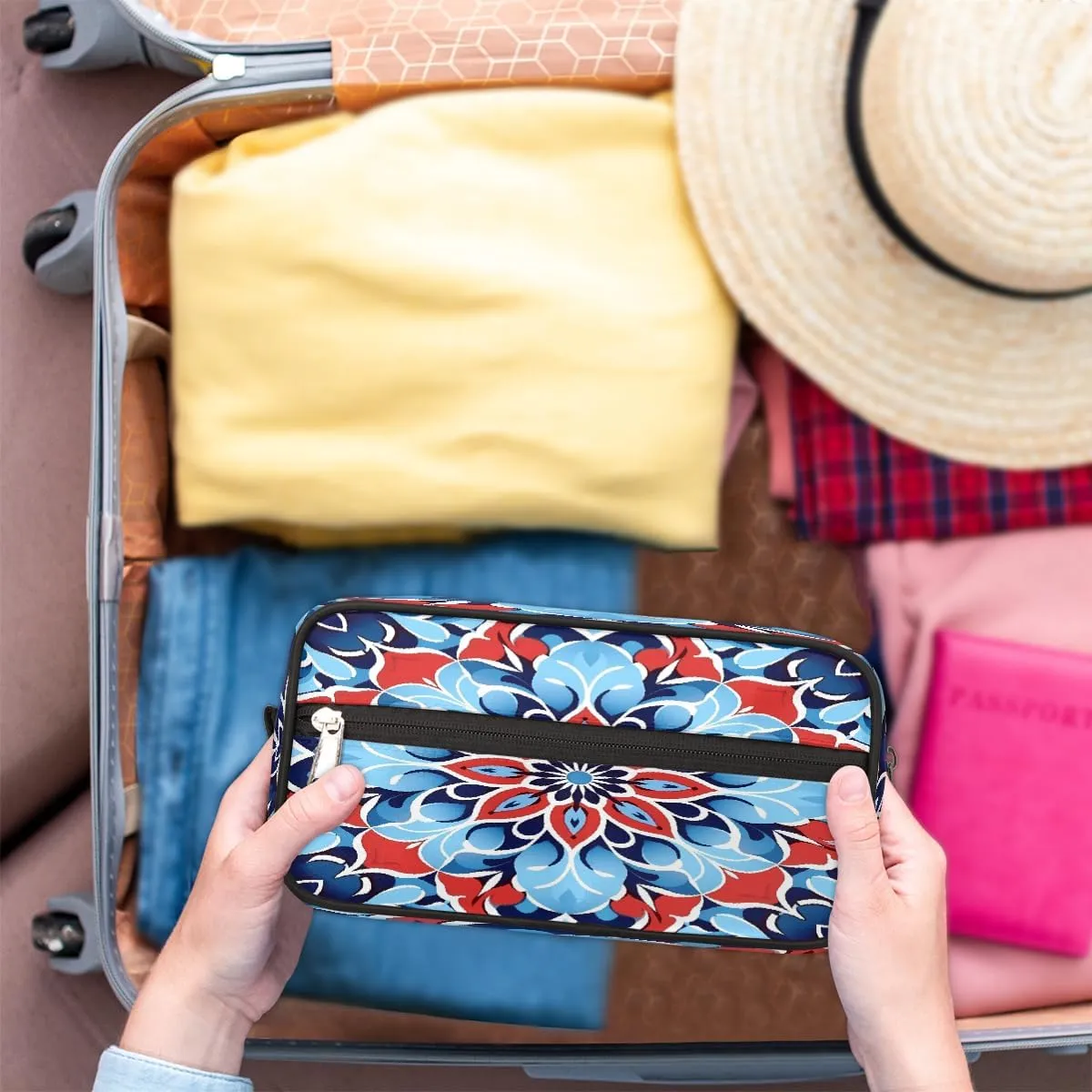 Blue Red Mandala Flower Makeup Bag, Large Capacity Cosmetic Bags, Portable Travel Toiletry Bag Makeup Organizer Bag with Handle for Women Men