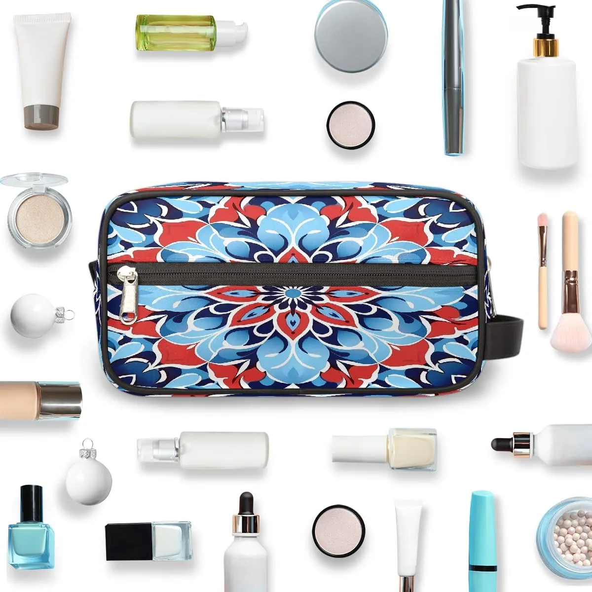 Blue Red Mandala Flower Makeup Bag, Large Capacity Cosmetic Bags, Portable Travel Toiletry Bag Makeup Organizer Bag with Handle for Women Men