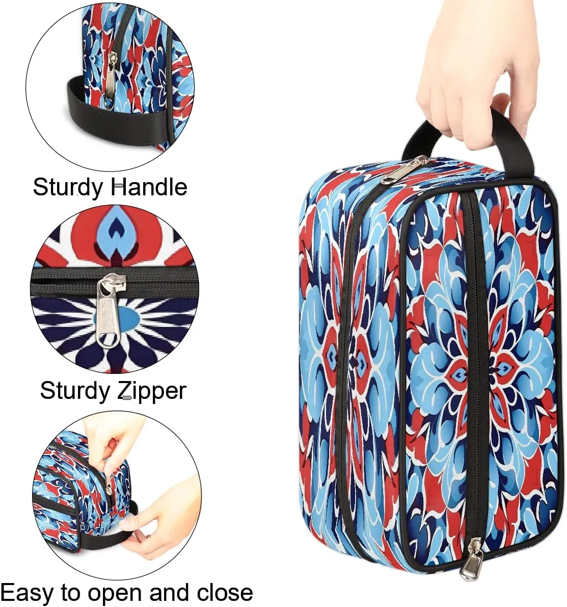 Blue Red Mandala Flower Makeup Bag, Large Capacity Cosmetic Bags, Portable Travel Toiletry Bag Makeup Organizer Bag with Handle for Women Men
