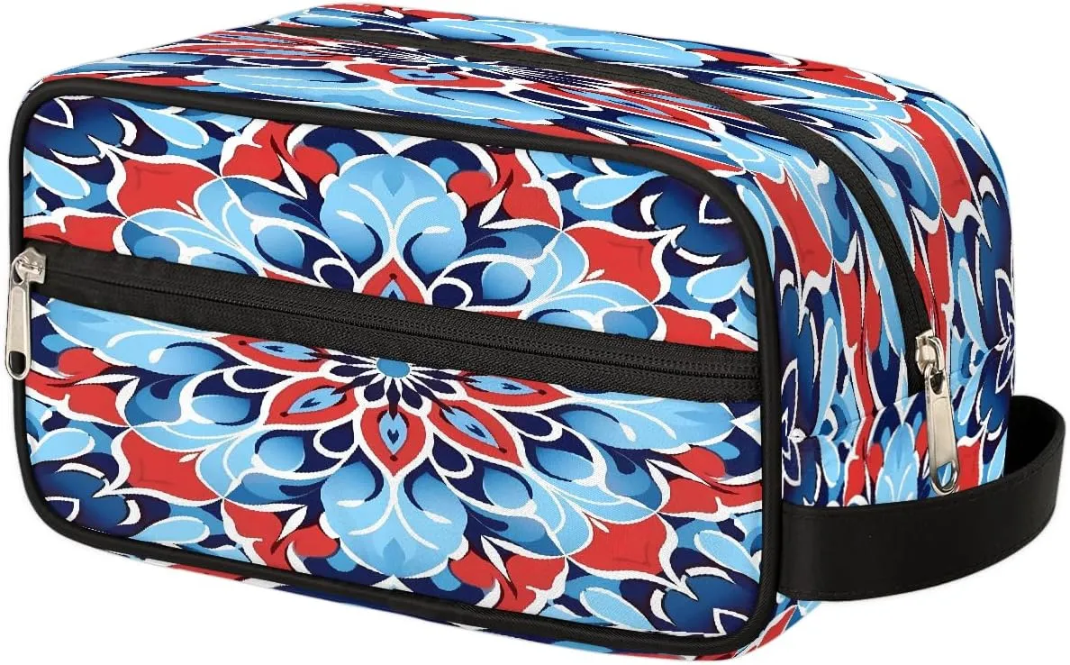 Blue Red Mandala Flower Makeup Bag, Large Capacity Cosmetic Bags, Portable Travel Toiletry Bag Makeup Organizer Bag with Handle for Women Men
