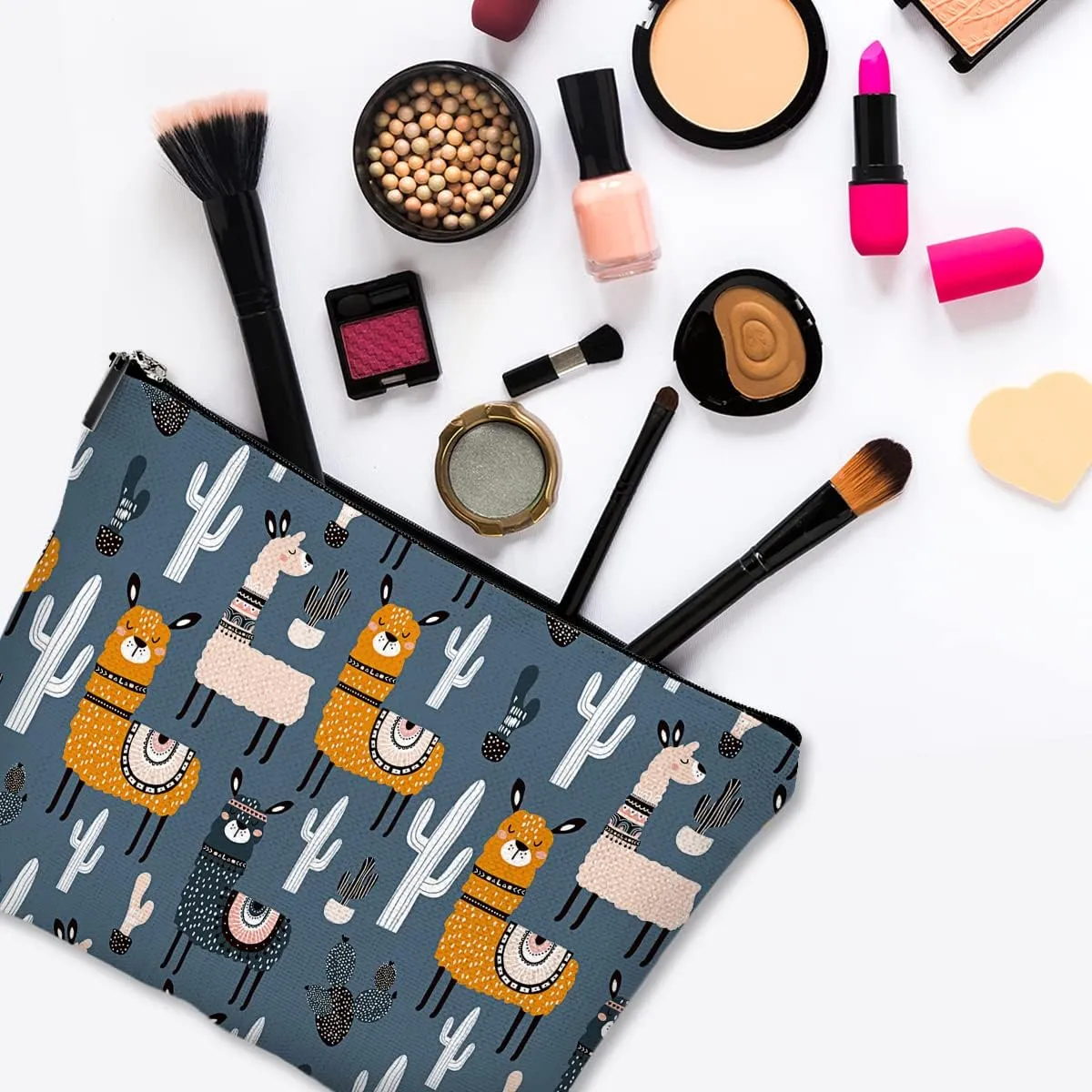 Cute Makeup Bag for Purse Canvas Waterproof Funny Cosmetic Bags for Women Zipper Travel Toiletry Pouch-Alpaca Makeup Bags-Grey