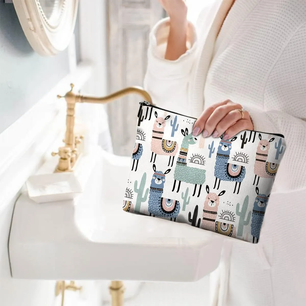 Cute Makeup Bag for Purse Canvas Waterproof Funny Cosmetic Bags for Women Zipper Travel Toiletry Pouch-Alpaca Makeup Bags