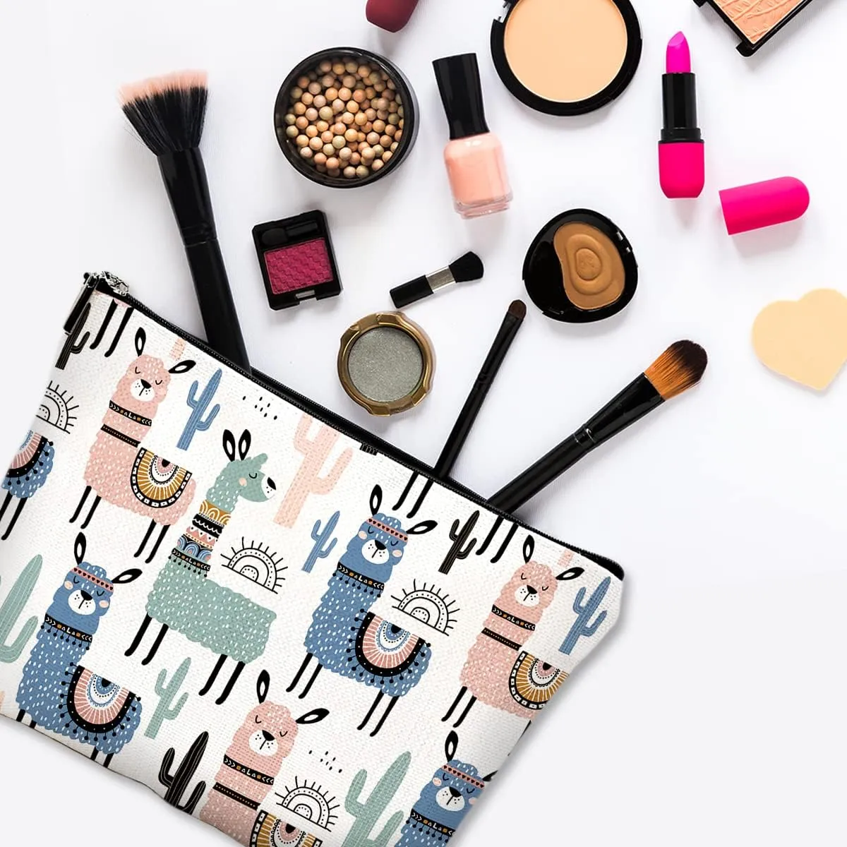 Cute Makeup Bag for Purse Canvas Waterproof Funny Cosmetic Bags for Women Zipper Travel Toiletry Pouch-Alpaca Makeup Bags