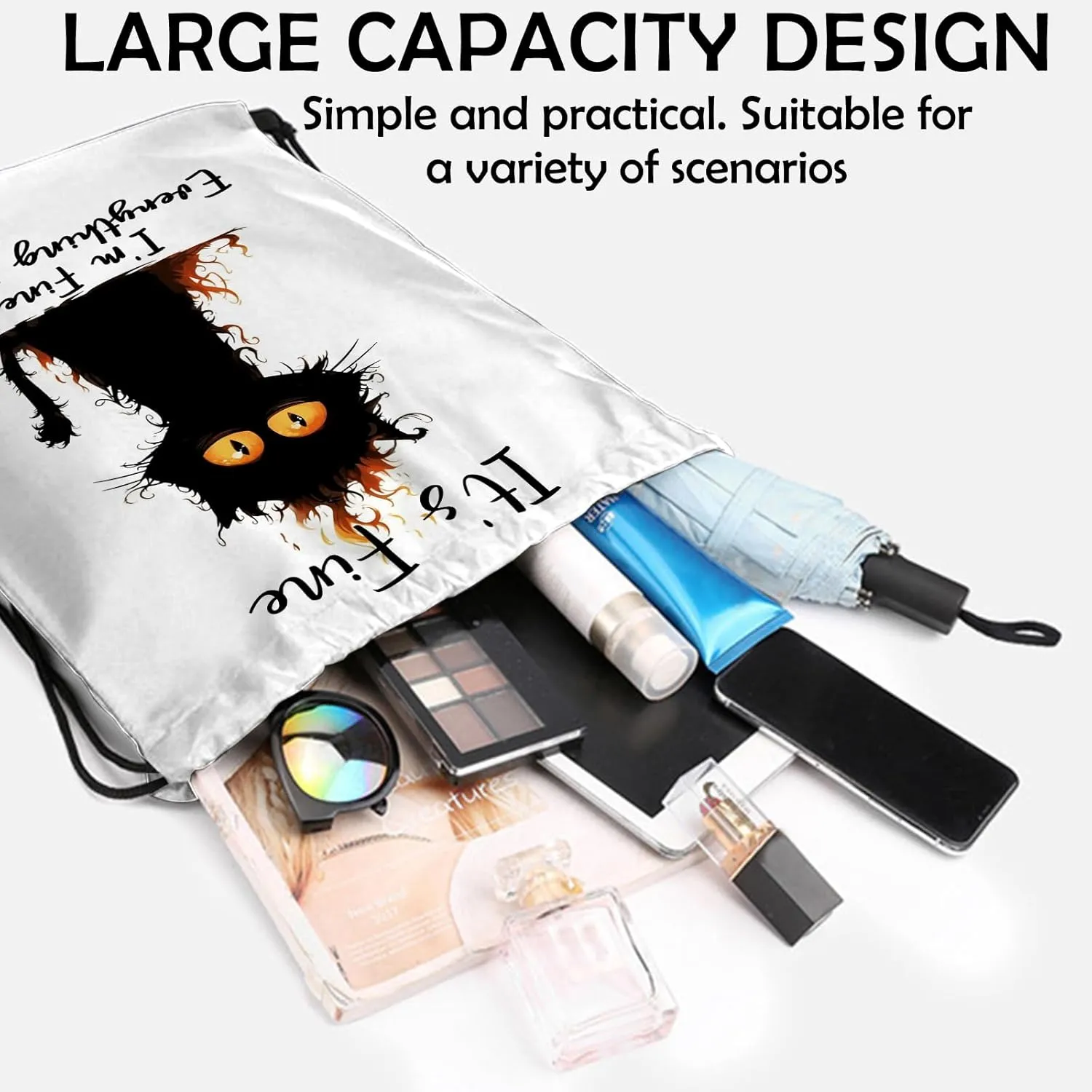 Drawstring Backpack Draw String Sports Bags for Gym Travel Beach Waterproof Cute Sackpack Men Women Aesthetic (13"17")-Black Cat