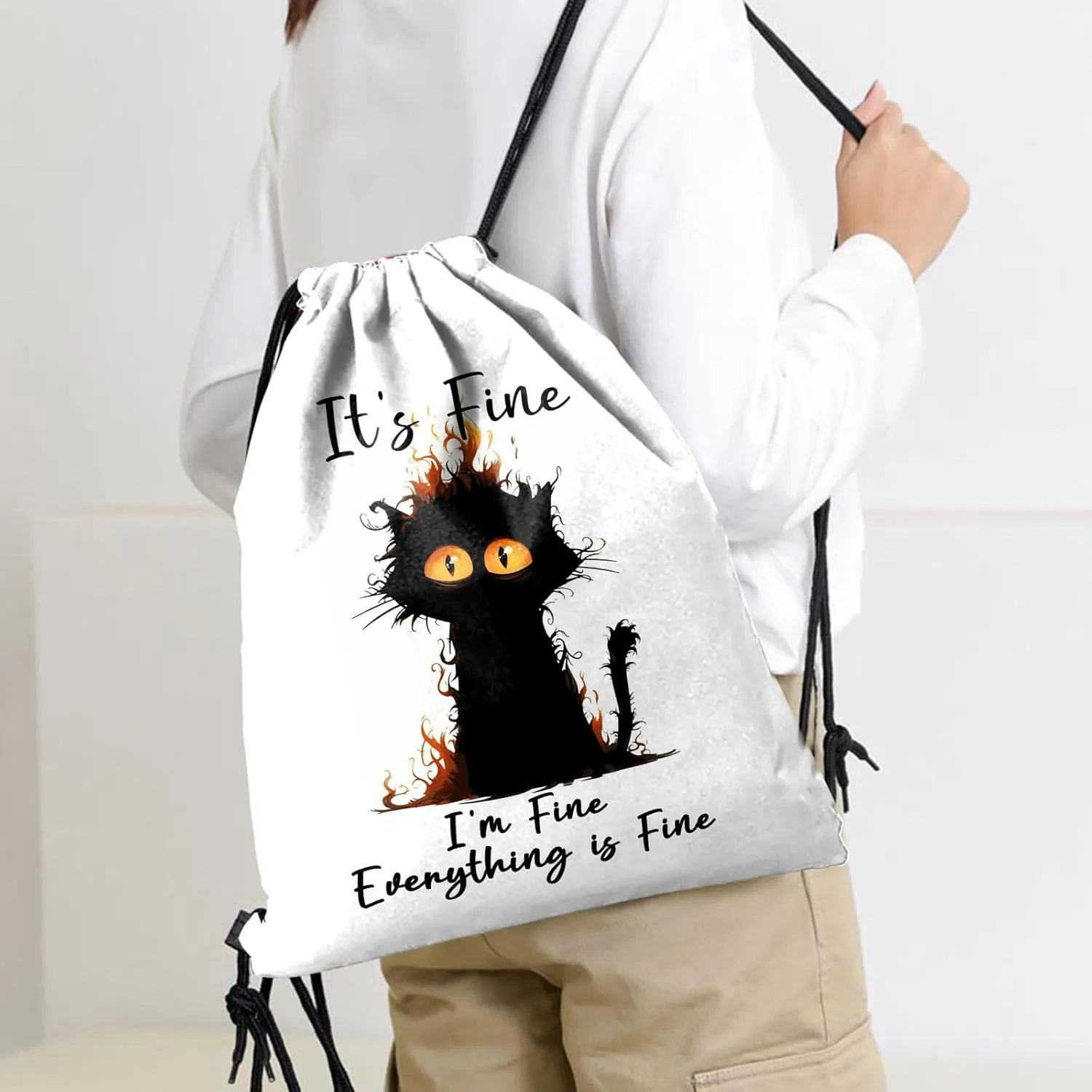Drawstring Backpack Draw String Sports Bags for Gym Travel Beach Waterproof Cute Sackpack Men Women Aesthetic (13"17")-Black Cat