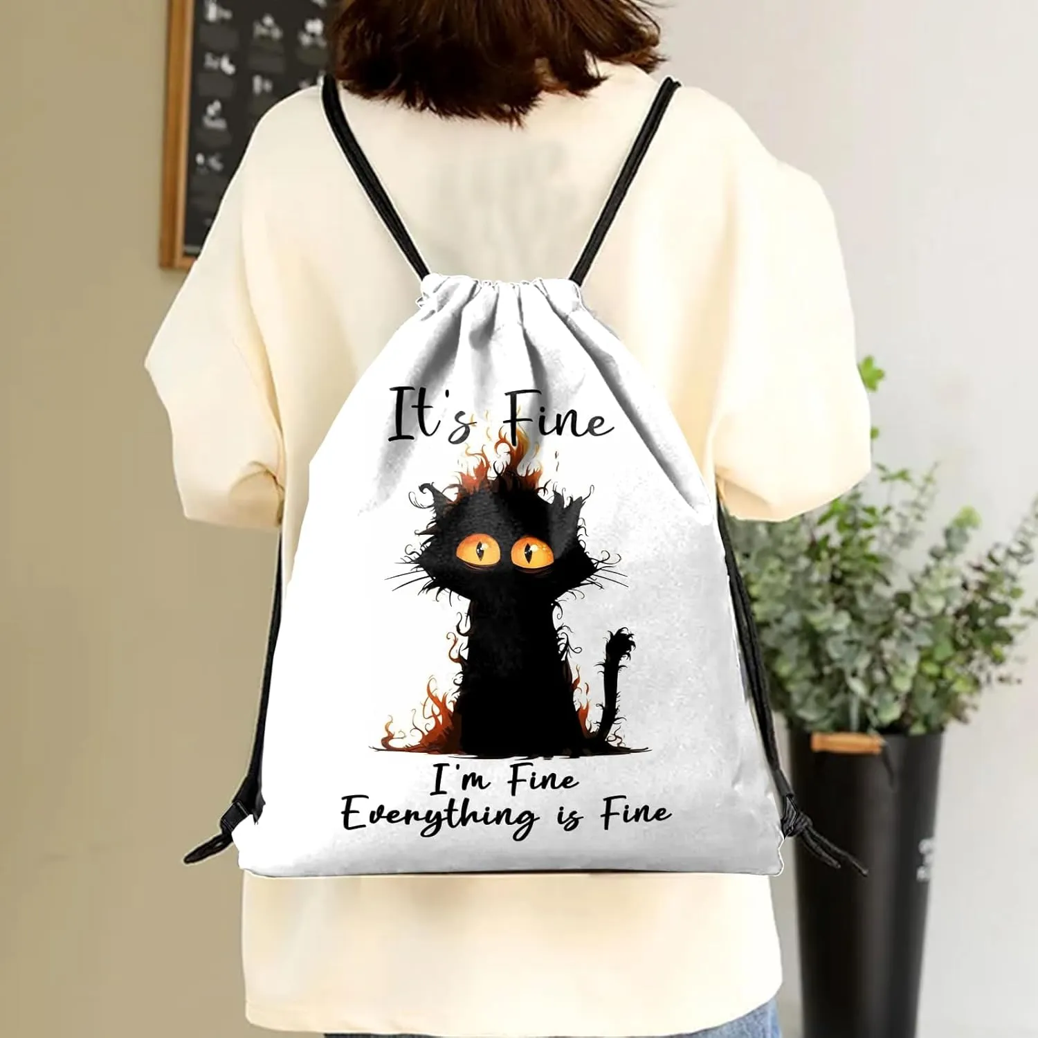 Drawstring Backpack Draw String Sports Bags for Gym Travel Beach Waterproof Cute Sackpack Men Women Aesthetic (13"17")-Black Cat