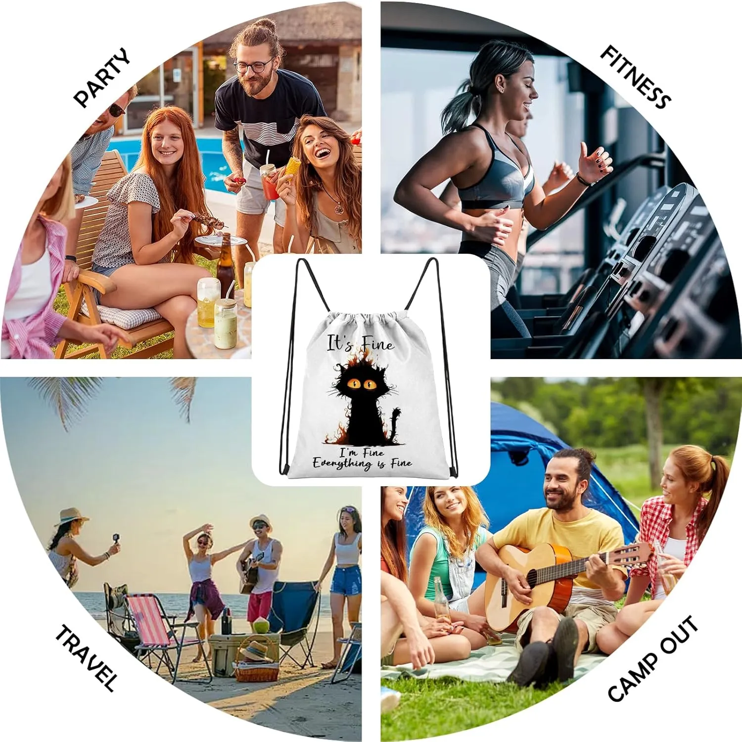 Drawstring Backpack Draw String Sports Bags for Gym Travel Beach Waterproof Cute Sackpack Men Women Aesthetic (13"17")-Black Cat