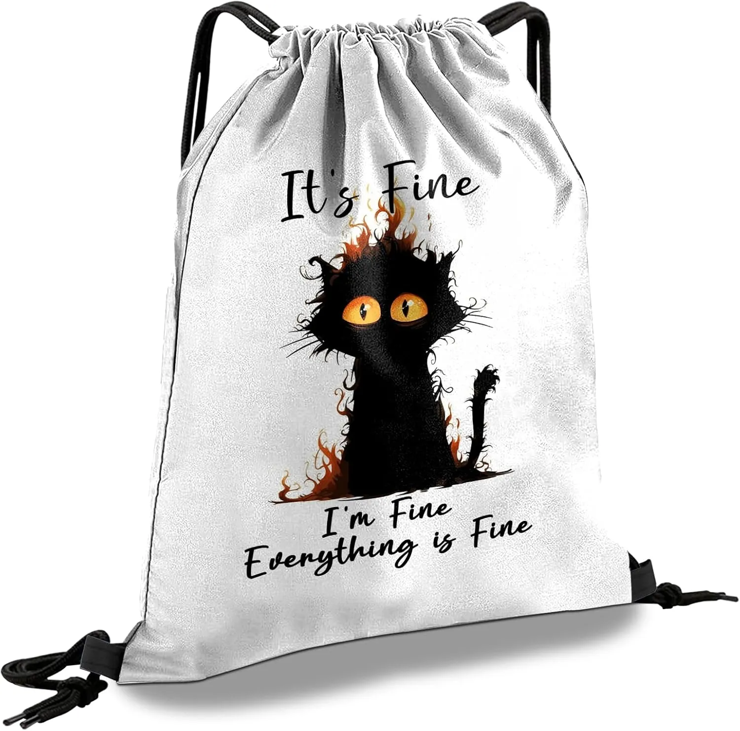 Drawstring Backpack Draw String Sports Bags for Gym Travel Beach Waterproof Cute Sackpack Men Women Aesthetic (13"17")-Black Cat
