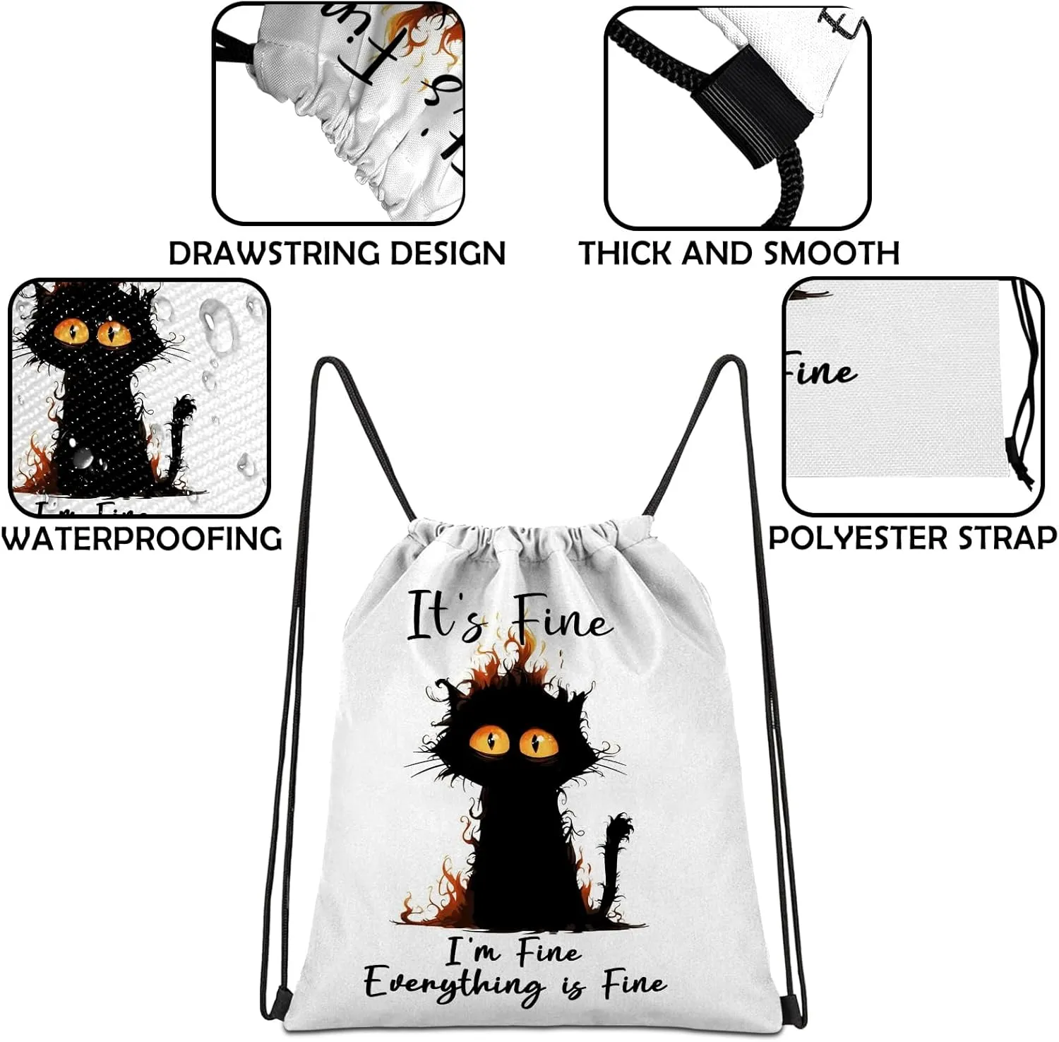 Drawstring Backpack Draw String Sports Bags for Gym Travel Beach Waterproof Cute Sackpack Men Women Aesthetic (13"17")-Black Cat
