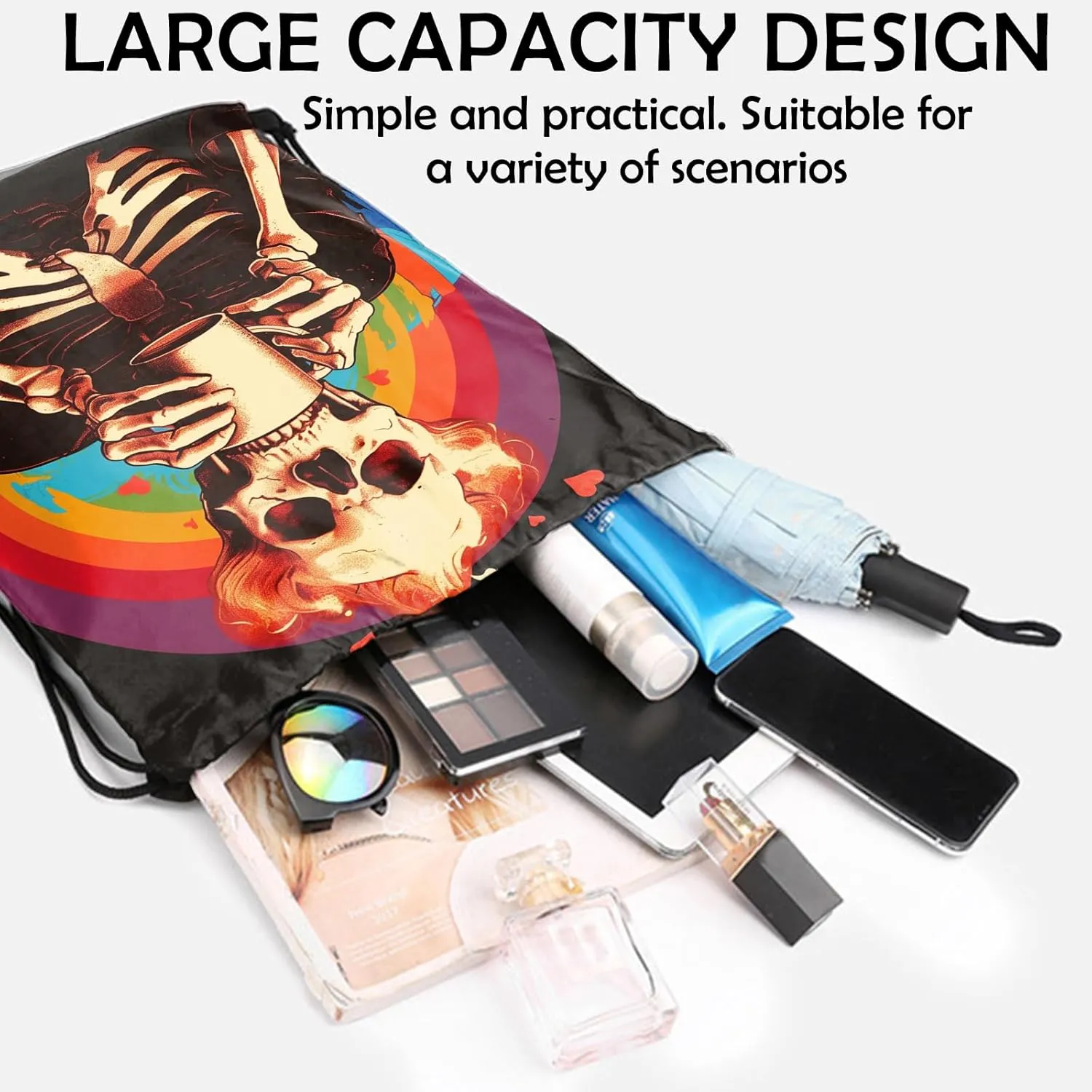 Drawstring Backpack Draw String Sports Bags for Gym Travel Beach Waterproof Cute Sackpack Men Women Aesthetic (13"17")-Rainbow Skull