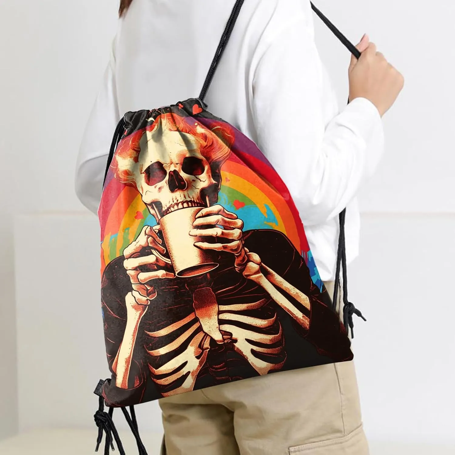 Drawstring Backpack Draw String Sports Bags for Gym Travel Beach Waterproof Cute Sackpack Men Women Aesthetic (13"17")-Rainbow Skull
