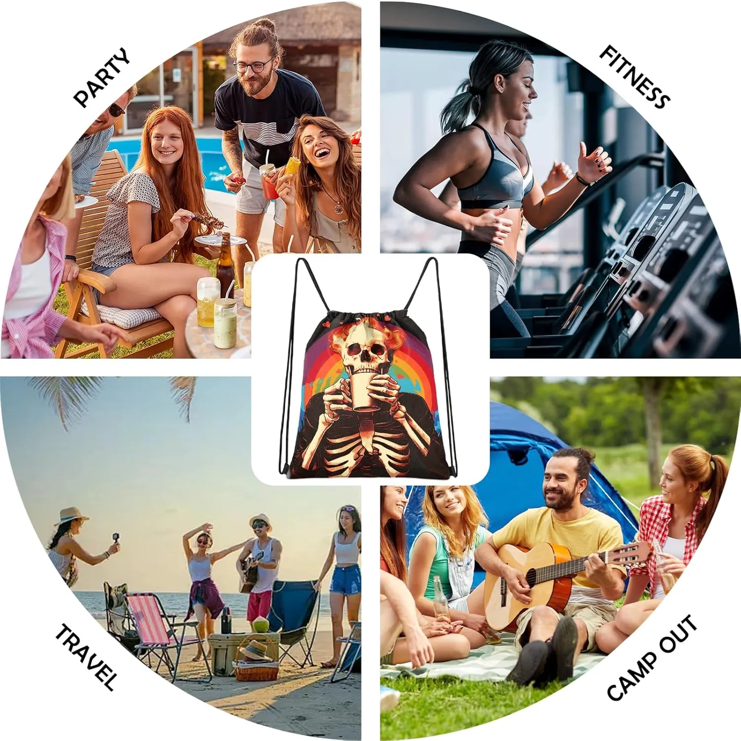 Drawstring Backpack Draw String Sports Bags for Gym Travel Beach Waterproof Cute Sackpack Men Women Aesthetic (13"17")-Rainbow Skull