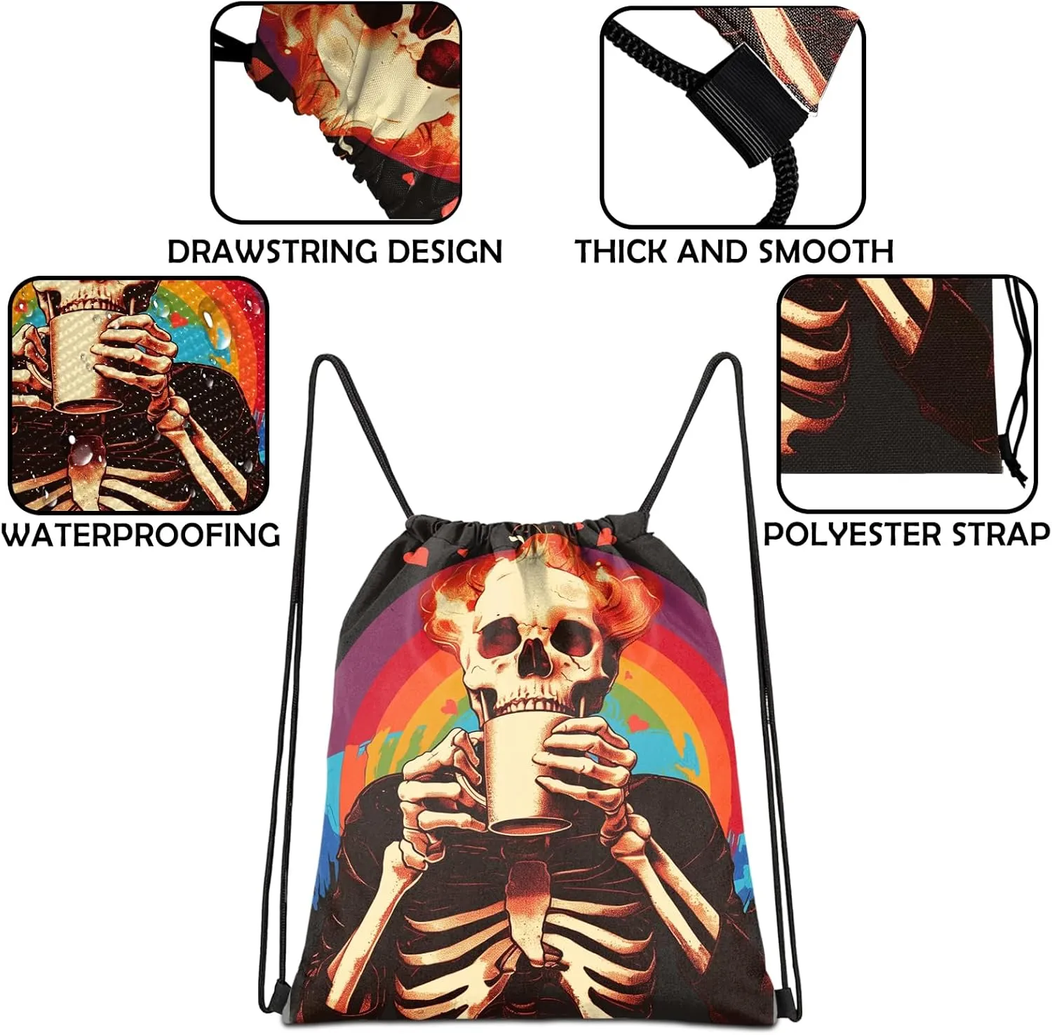Drawstring Backpack Draw String Sports Bags for Gym Travel Beach Waterproof Cute Sackpack Men Women Aesthetic (13"17")-Rainbow Skull