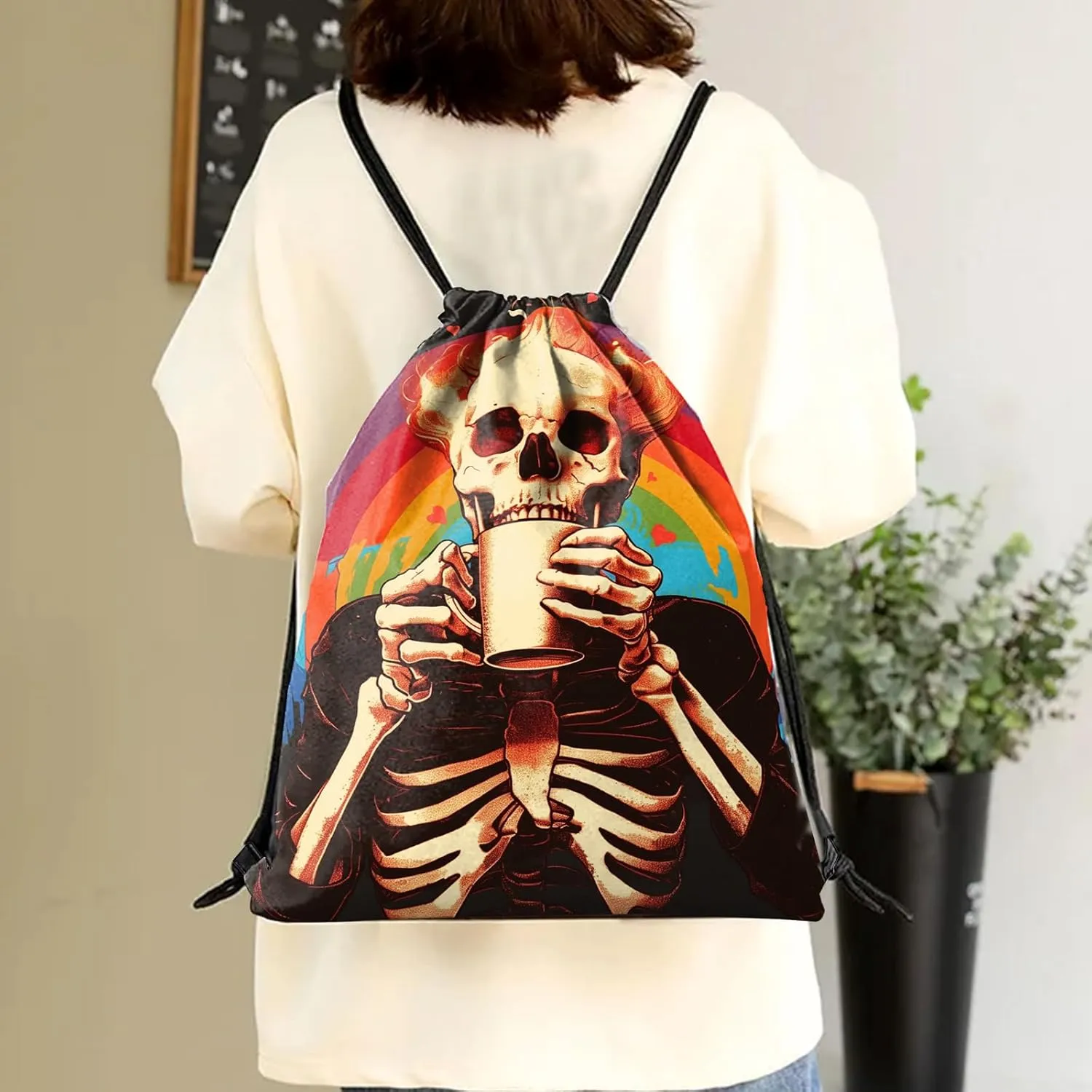 Drawstring Backpack Draw String Sports Bags for Gym Travel Beach Waterproof Cute Sackpack Men Women Aesthetic (13"17")-Rainbow Skull
