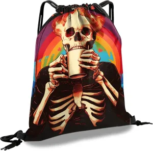 Drawstring Backpack Draw String Sports Bags for Gym Travel Beach Waterproof Cute Sackpack Men Women Aesthetic (13"17")-Rainbow Skull