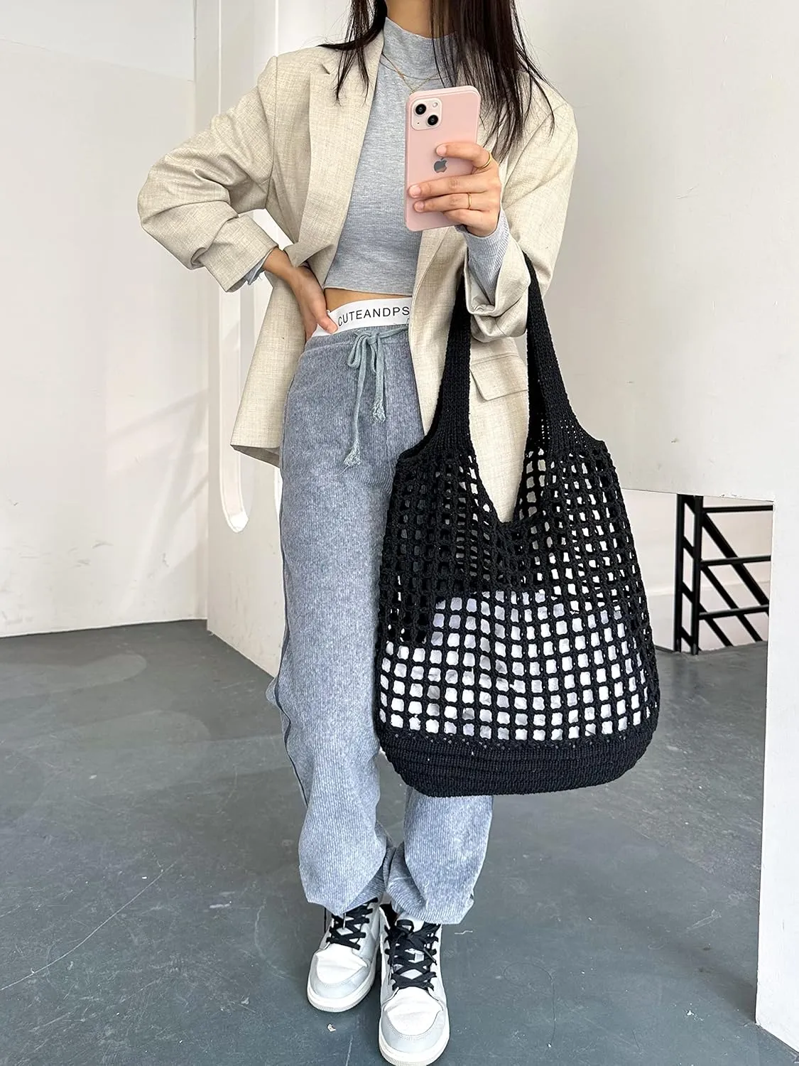 ENBEI Crochet Beach Bag - Women's Knit Shoulder Bags for Travel - Cute, Handmade Tote