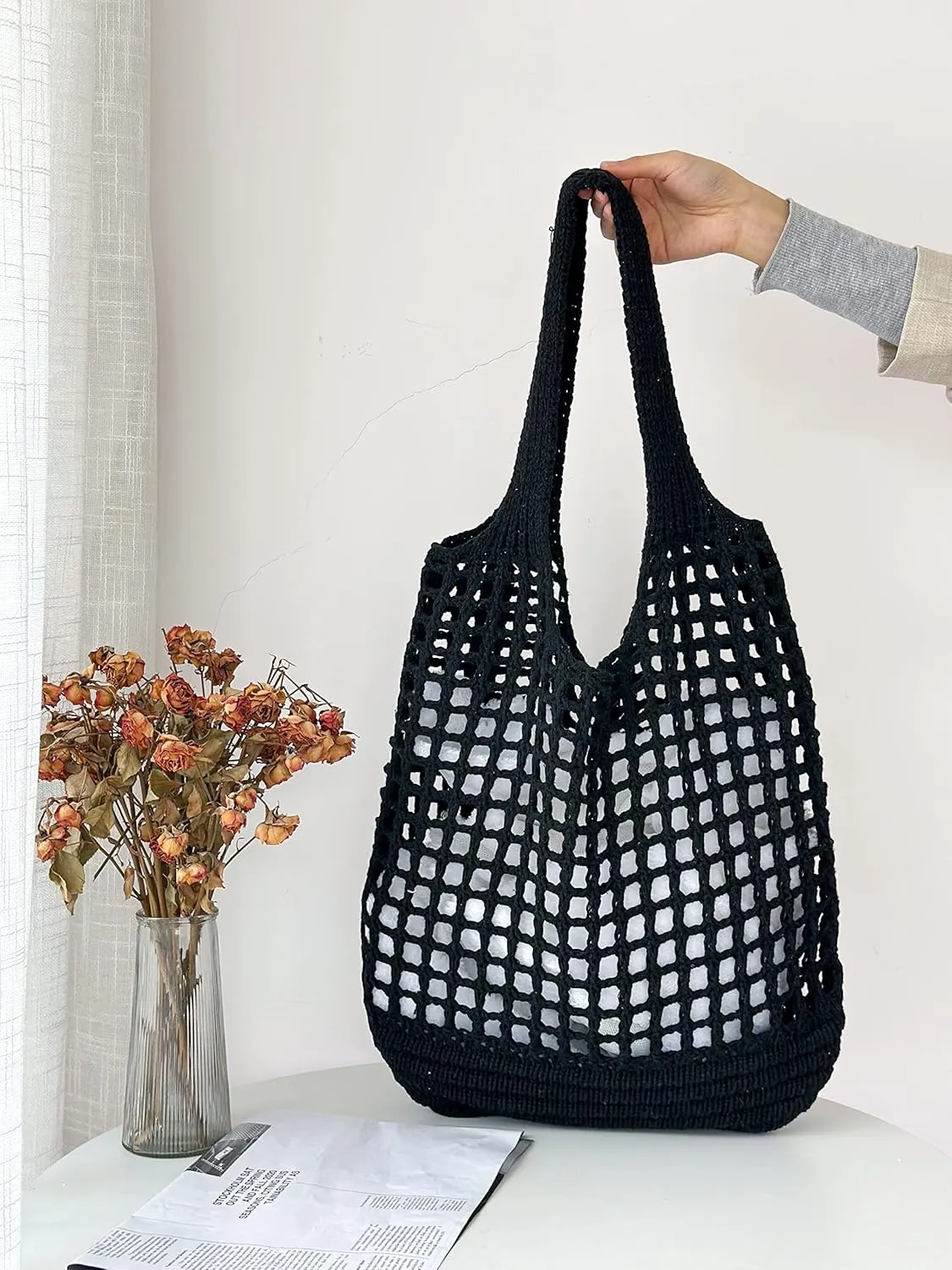 ENBEI Crochet Beach Bag - Women's Knit Shoulder Bags for Travel - Cute, Handmade Tote