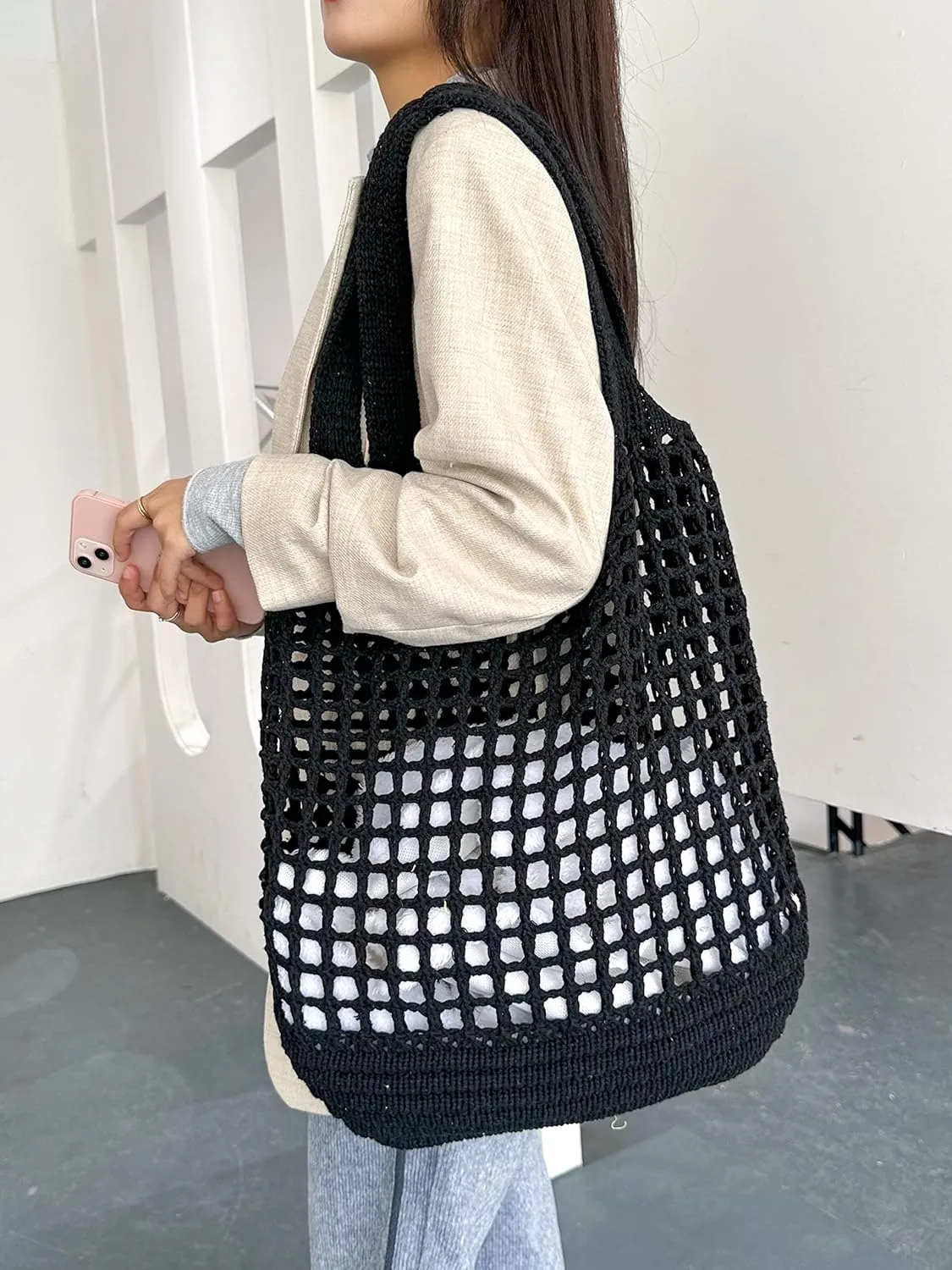 ENBEI Crochet Beach Bag - Women's Knit Shoulder Bags for Travel - Cute, Handmade Tote