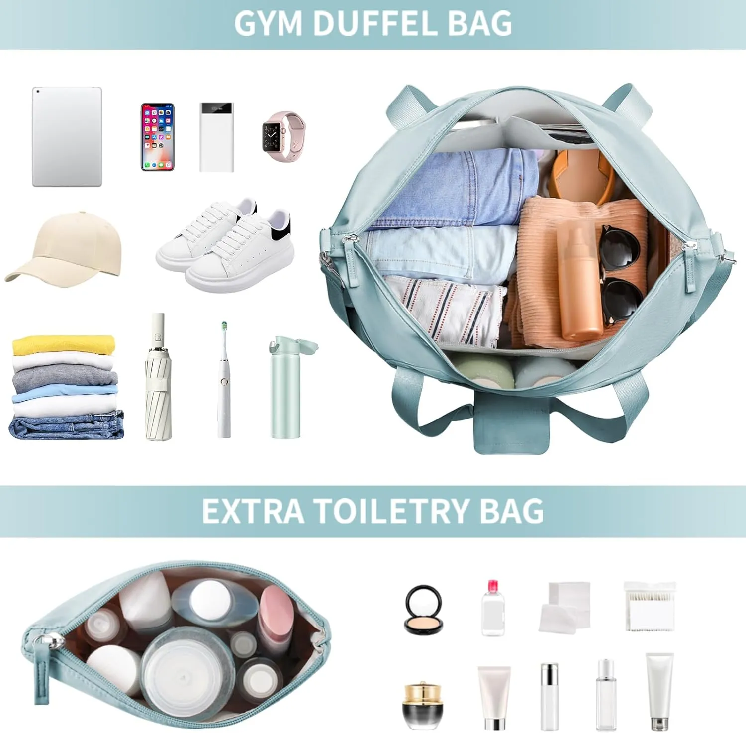 ETRONIK Gym Bag for Women, Personal Item Travel Duffel Bag with Shoes Compartment, Weekender Overnight Bag with Wet Pocket & USB Charging Port, Carry On Bag for Women, Travel, Gym (Haze Blue)