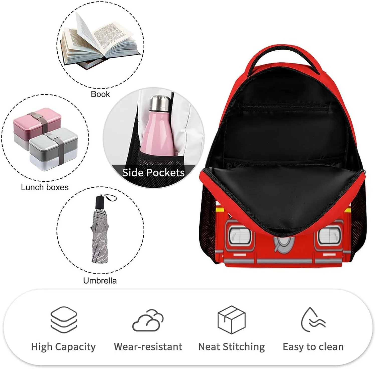 Fire Truck Backpack for Kids Girls Boys School, 16 Inches Cool Fire Truck Theme Bookbag, Adjustable, Lightweight, Large Capacity, Colorful Cartoon Car Backpack for School