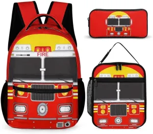 Fire Truck Backpack with Lunch Box & Pencil Case, 16 Inch Cool Fire Truck Themed Bookbag, Adjustable Lightweight Large Capacity, Colorful Cartoon Car Backpack Set for Kids Girls Boys School