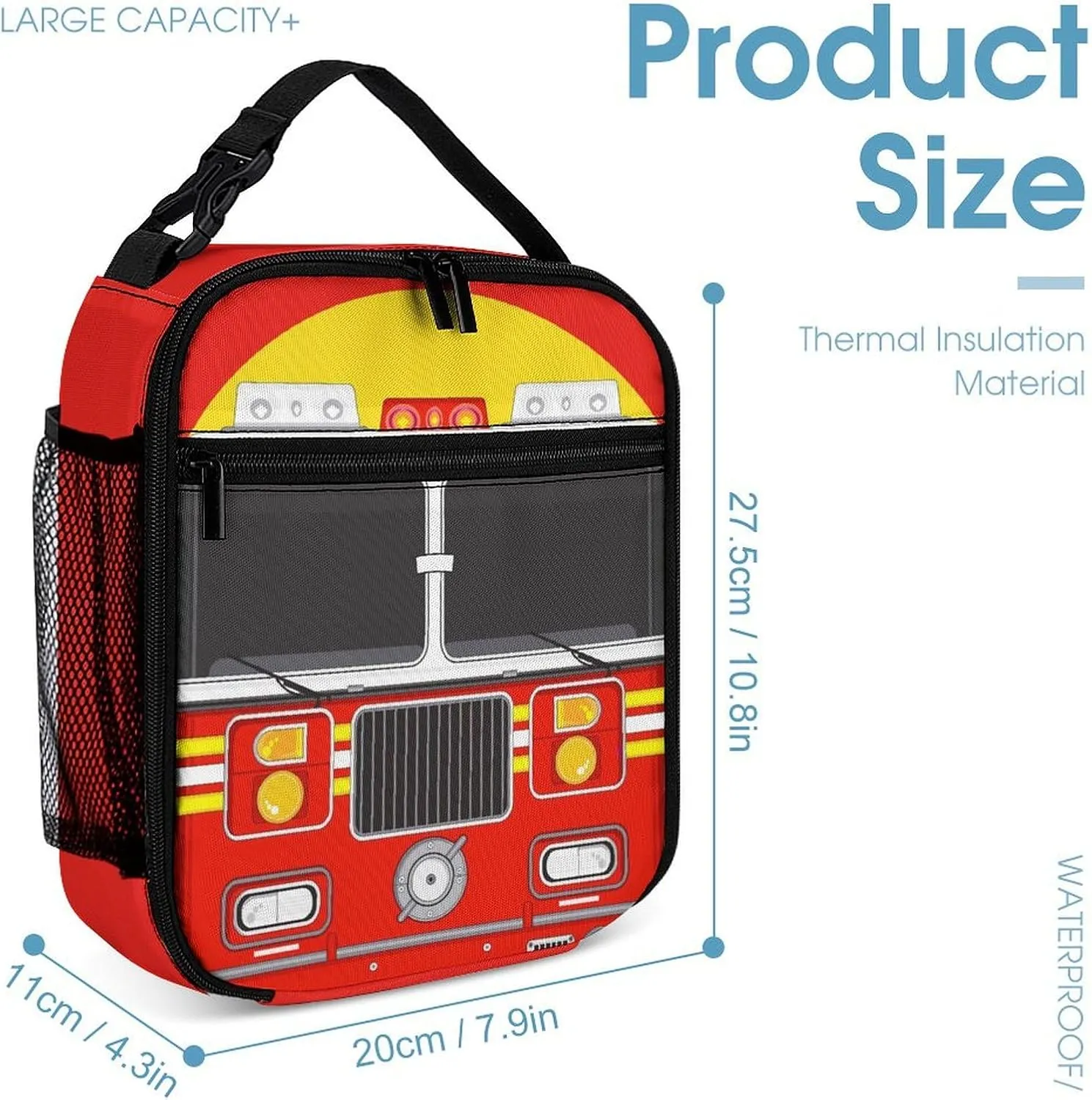 Fire Truck Backpack with Lunch Box & Pencil Case, 16 Inch Cool Fire Truck Themed Bookbag, Adjustable Lightweight Large Capacity, Colorful Cartoon Car Backpack Set for Kids Girls Boys School