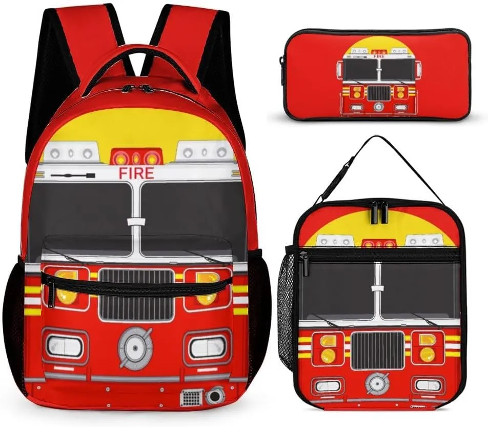 Fire Truck Backpack with Lunch Box & Pencil Case, 16 Inch Cool Fire Truck Themed Bookbag, Adjustable Lightweight Large Capacity, Colorful Cartoon Car Backpack Set for Kids Girls Boys School