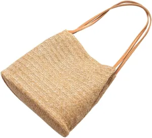 FRCOLOR Knitted Straw Bucket Bag for Women Handmade Beach Tote Shoulder Bag Dark Beige Lightweight Design for Summer Outings and Daily Use