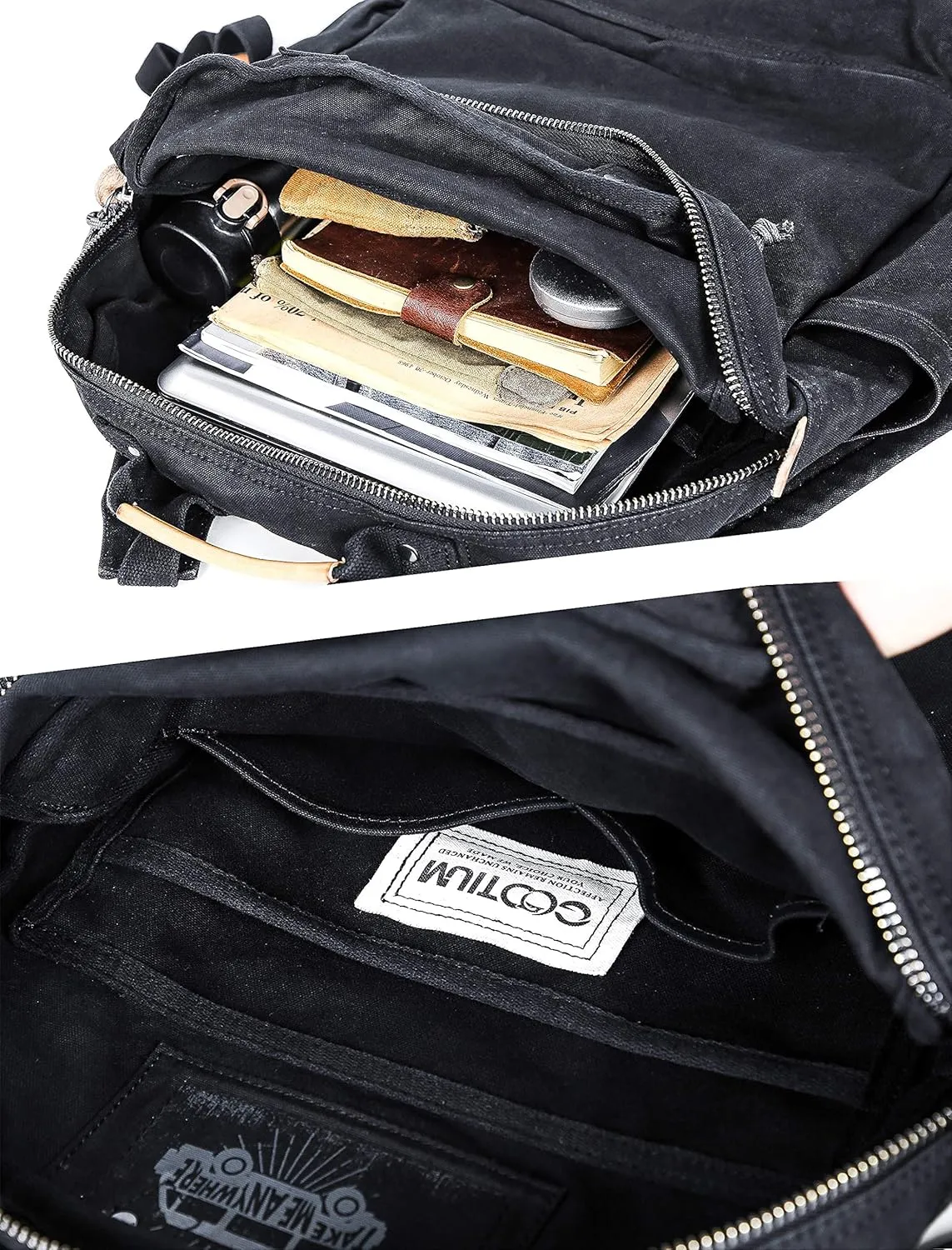 Gootium Canvas Backpack for Women Vintage Style Zipper Bag Men's Casual Daypack Cloth Outdoor Travel Rucksack, Black