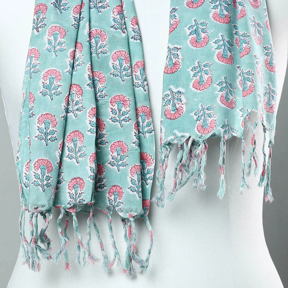 Green - Sanganeri Block Printed Cotton Stole with Tassels 135