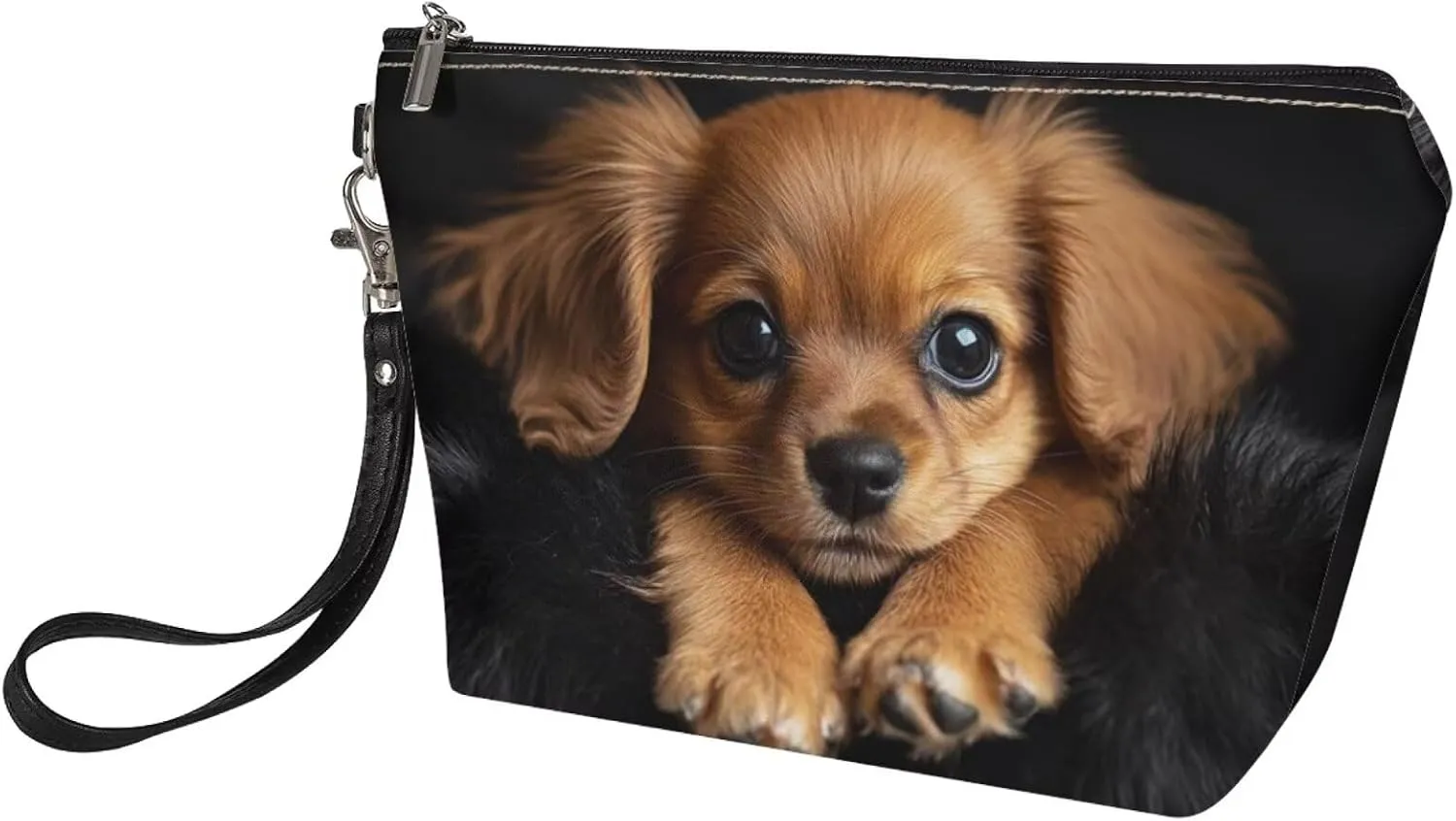 Howilath PU Leather Beagle Dog Print Makeup Bags for Women Portable Handle Toiletry Bag Cosmetic Bag with Wrist Strap