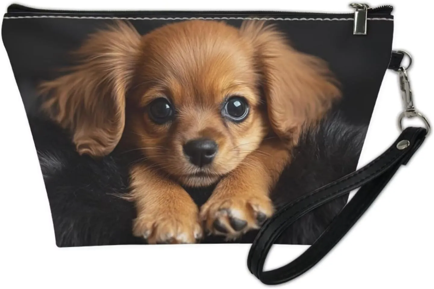 Howilath PU Leather Beagle Dog Print Makeup Bags for Women Portable Handle Toiletry Bag Cosmetic Bag with Wrist Strap