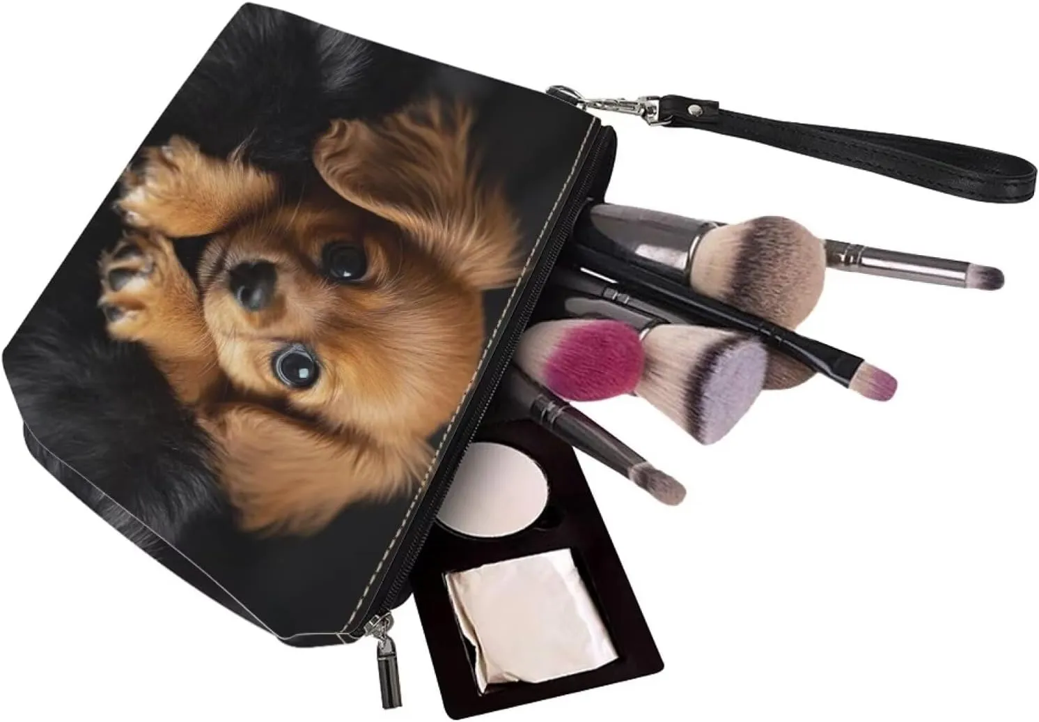 Howilath PU Leather Beagle Dog Print Makeup Bags for Women Portable Handle Toiletry Bag Cosmetic Bag with Wrist Strap
