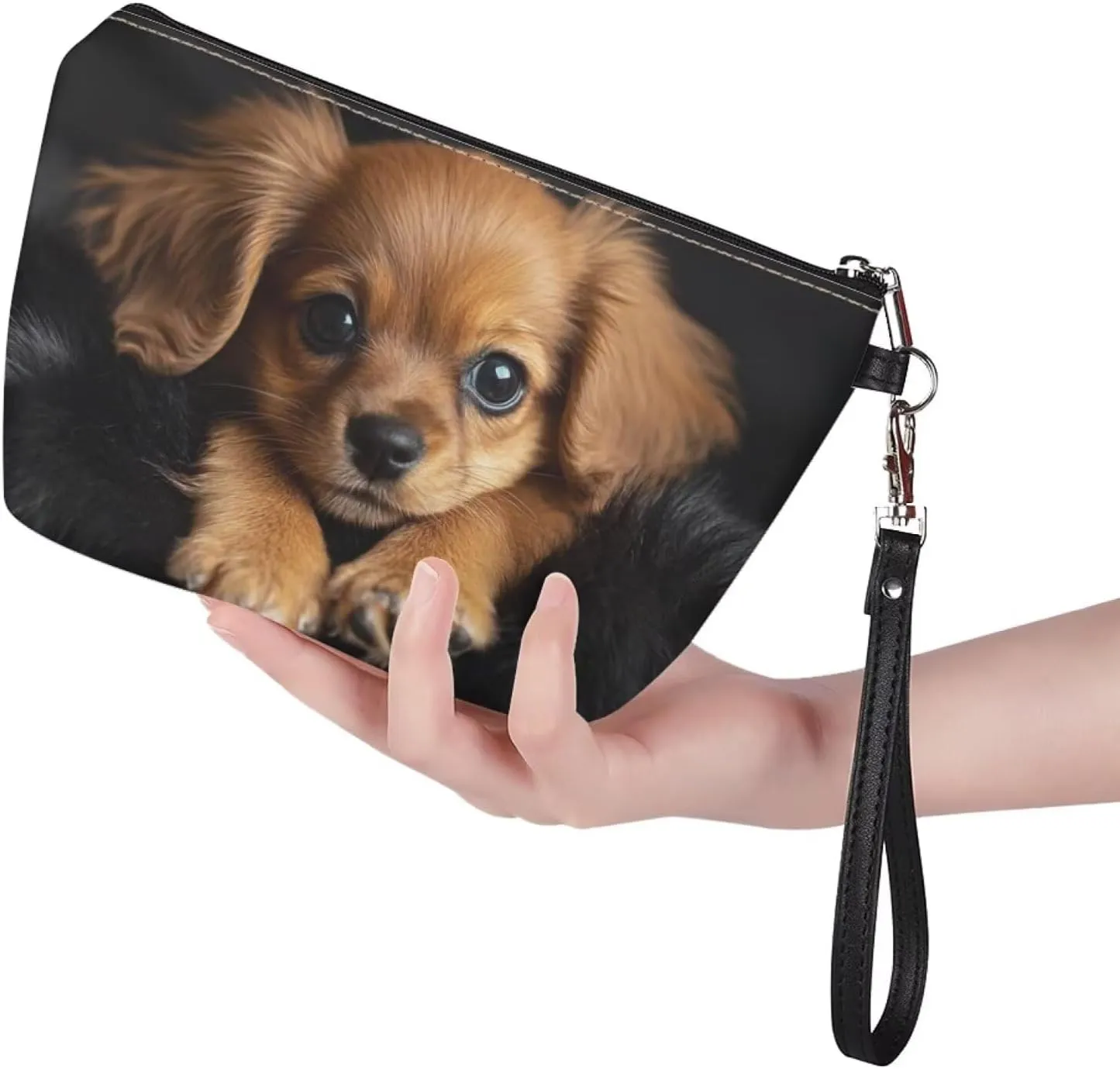 Howilath PU Leather Beagle Dog Print Makeup Bags for Women Portable Handle Toiletry Bag Cosmetic Bag with Wrist Strap
