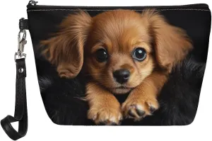 Howilath PU Leather Beagle Dog Print Makeup Bags for Women Portable Handle Toiletry Bag Cosmetic Bag with Wrist Strap