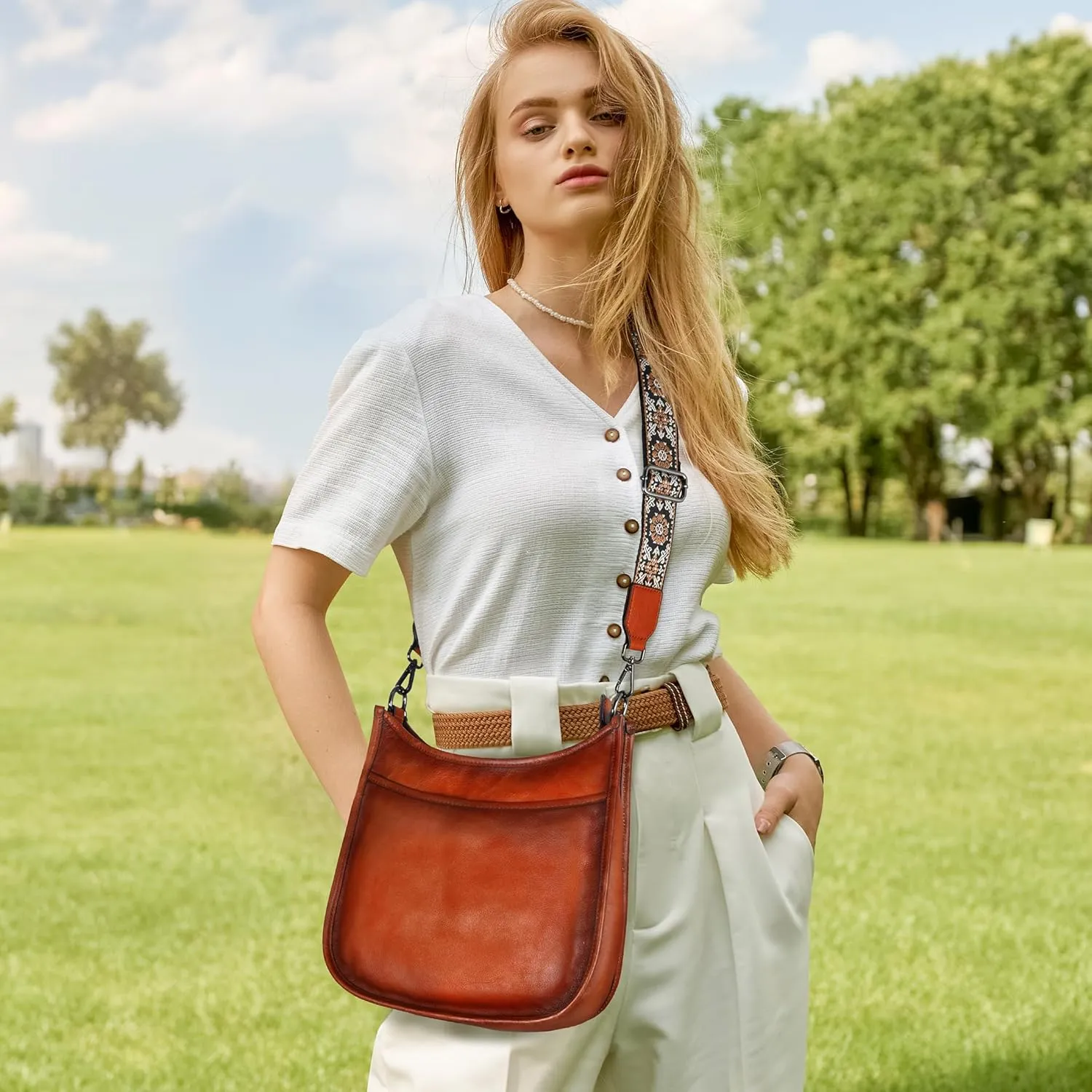 Iswee Crossbody Bags for Women Genuine Leather Purses Vintage Shoulder Handbags Travel Cross Body Bag with Boho Strap
