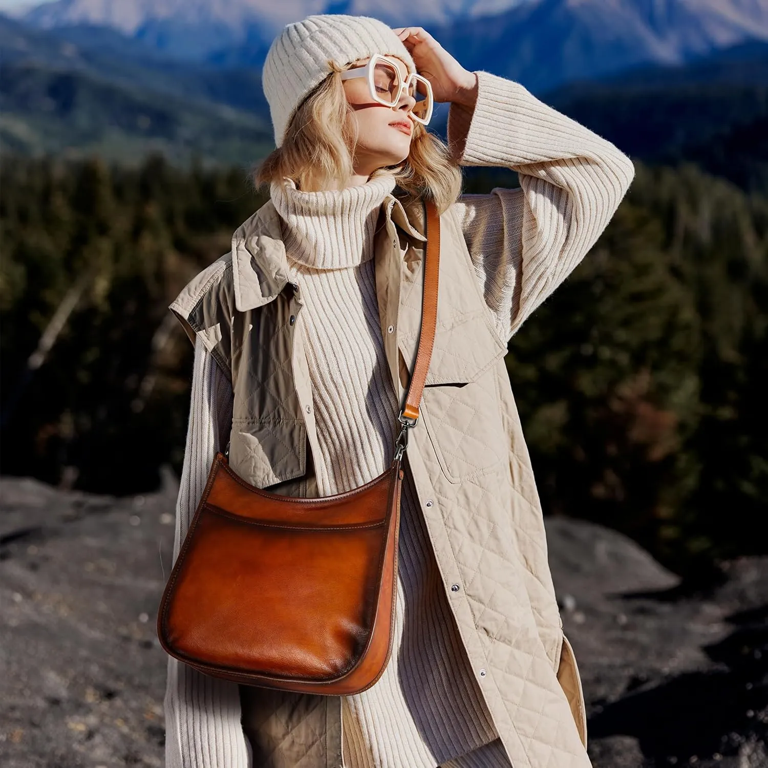 Iswee Crossbody Bags for Women Genuine Leather Purses Vintage Shoulder Handbags Travel Cross Body Bag with Boho Strap