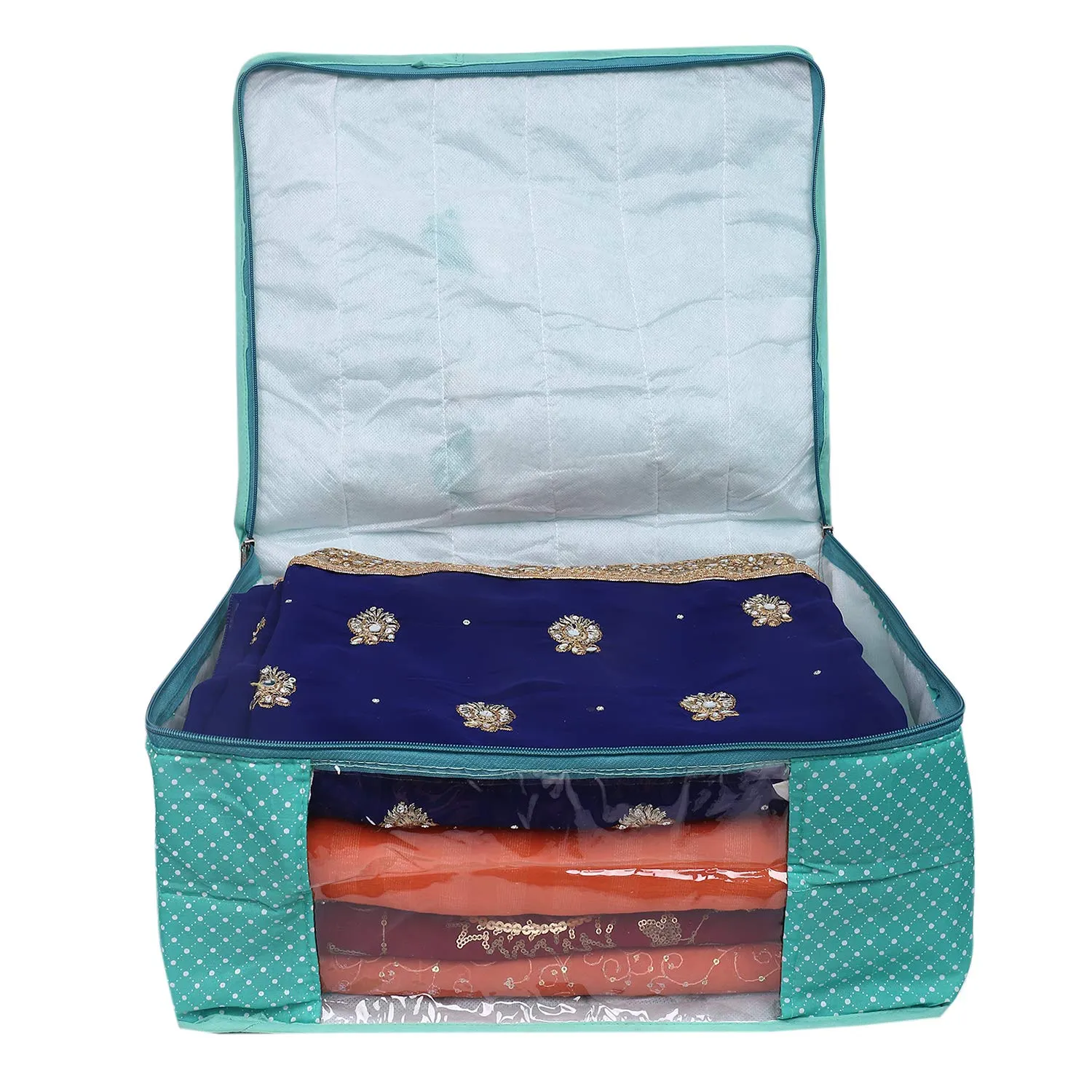 Kuber Industries Polka Dots 6 Piece Cotton 3 Layered Quilted Saree Cover, Green-CTKTC025828