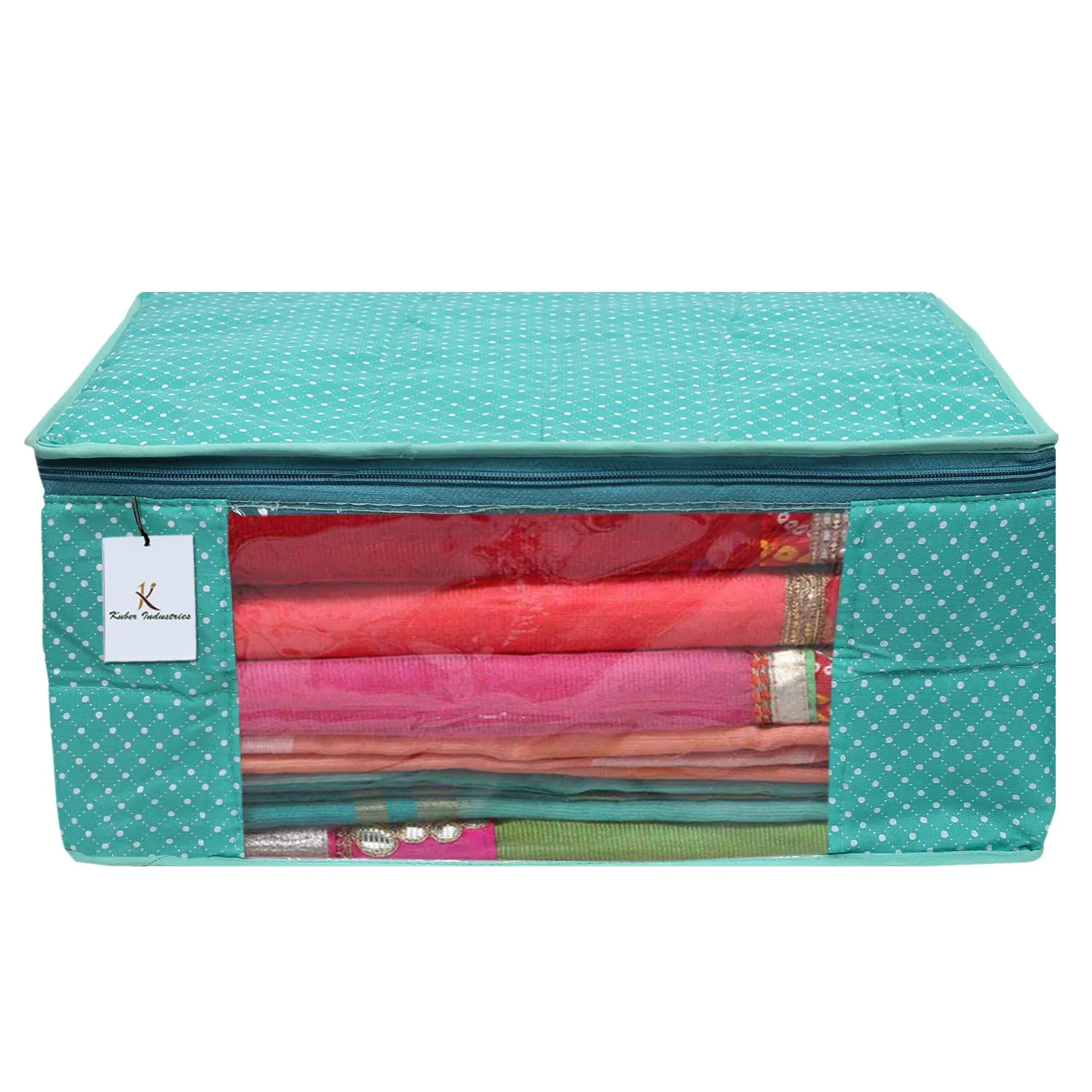 Kuber Industries Polka Dots 6 Piece Cotton 3 Layered Quilted Saree Cover, Green-CTKTC025828