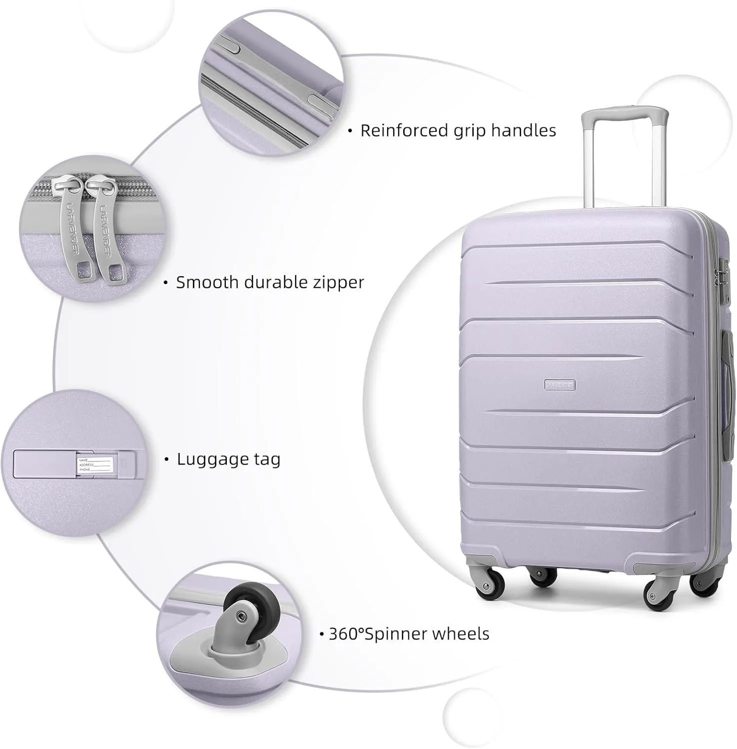 LARVENDER 3-Piece Carry On Luggage for Women,Hard Shell Suitcase 20Inch Carry On Luggage 22x14x9 Airline Approved, Spinner Wheel and TSA LockLavender 20Inch/BP/TB