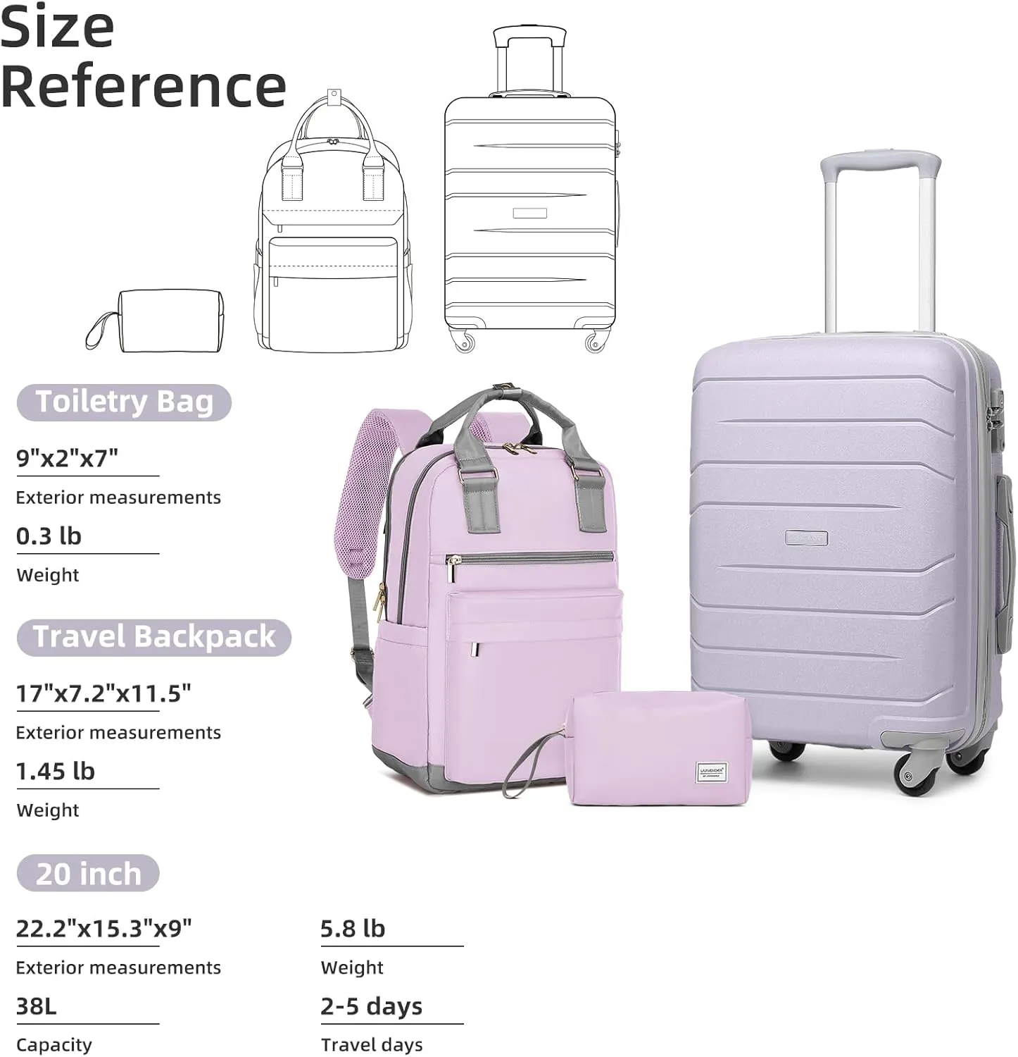 LARVENDER 3-Piece Carry On Luggage for Women,Hard Shell Suitcase 20Inch Carry On Luggage 22x14x9 Airline Approved, Spinner Wheel and TSA LockLavender 20Inch/BP/TB